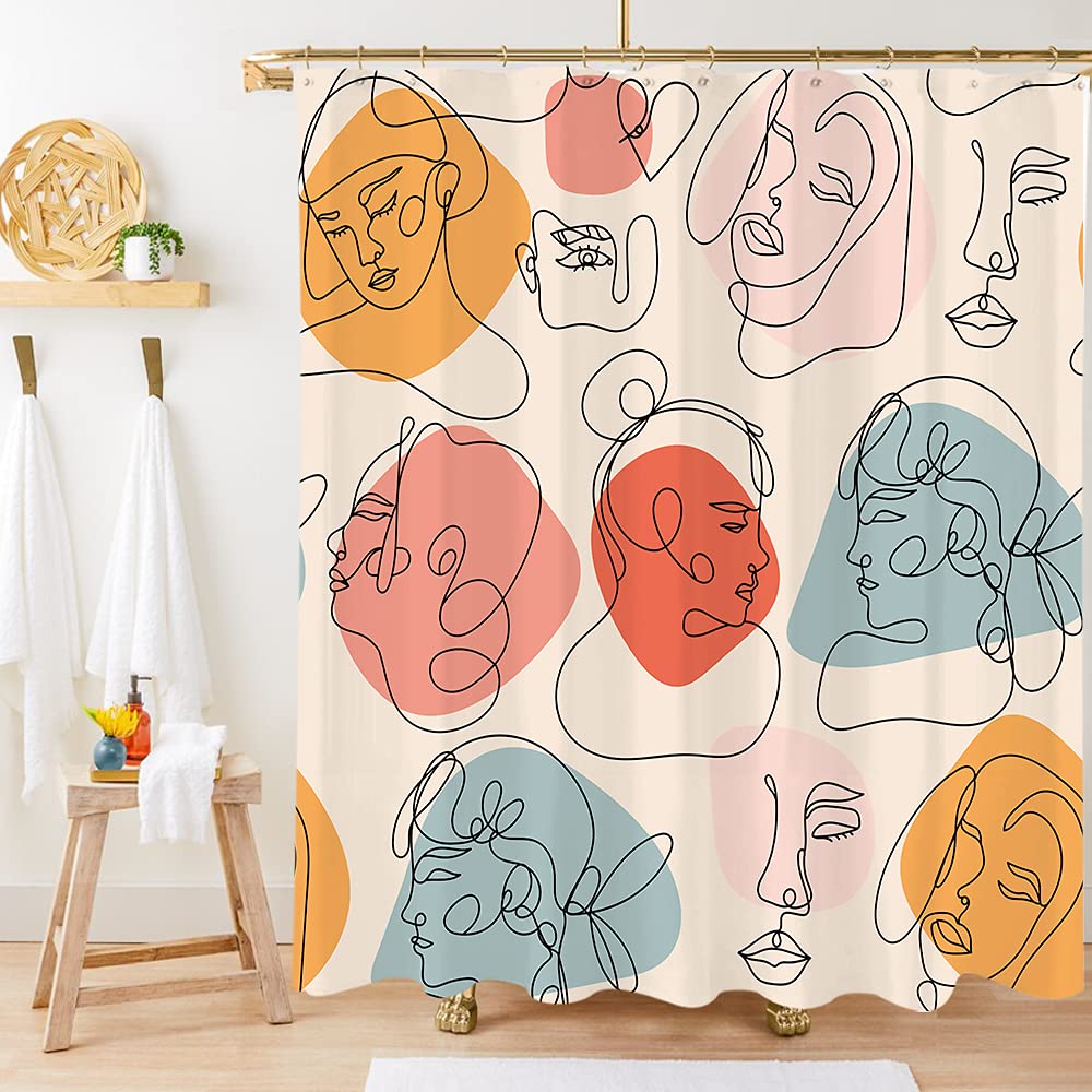 Minimalist Aesthetic Shower Curtain Set - 60x71 Inches Terracotta Abstract Face Line Art, Modern Waterproof Polyester Bathroom Curtain with 12 Hooks - Perfect for Contemporary Bathrooms & Spa-Like Showers