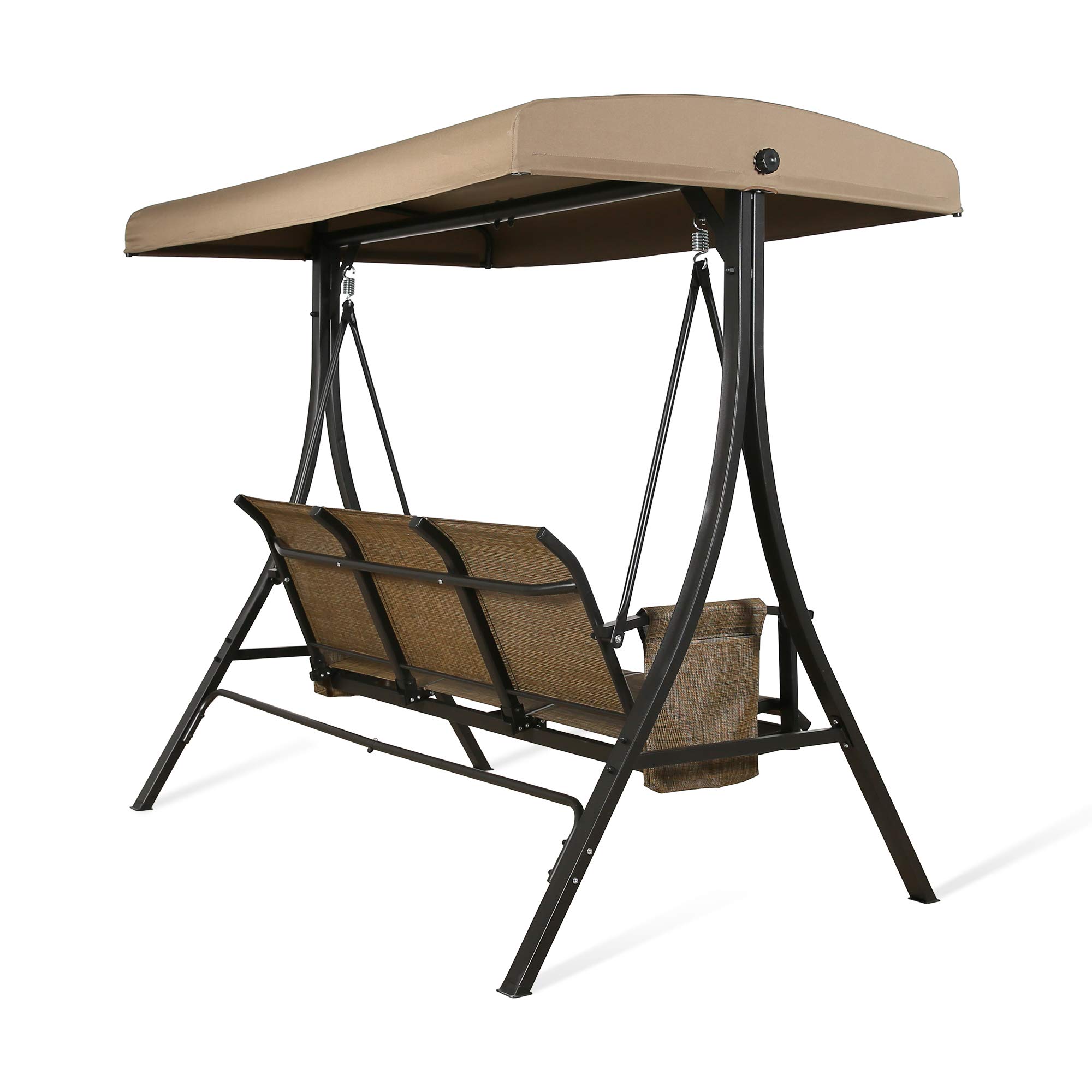 3-Seat Textilene Porch Swing with Stand & Adjustable Canopy - Outdoor Patio Glider Swing for Garden, Backyard, Deck (Brown) - Perfect for Relaxing, Lounging & Enjoying Nature