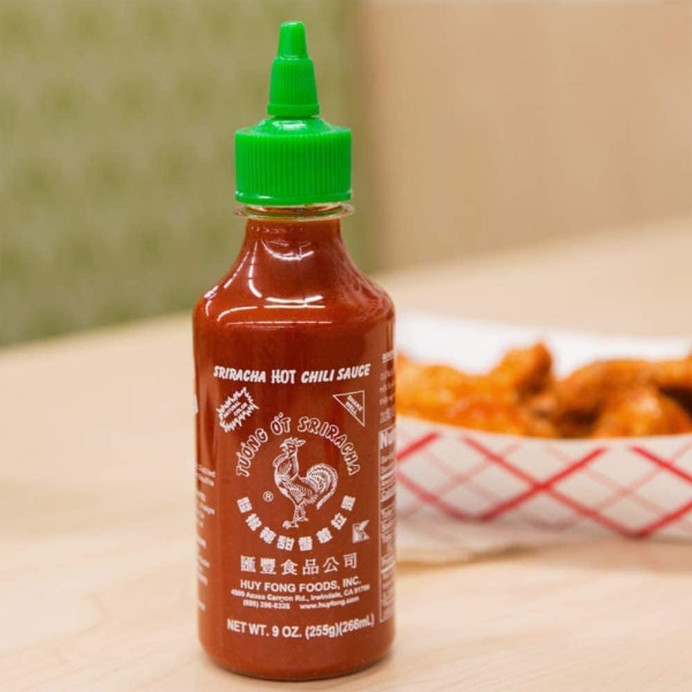 Huy Fong Sriracha Hot Chili Sauce - 9oz Bottle | Premium Asian Chili Garlic Sauce for Cooking, Pho, Ramen & Stir Fry | Vegan & Gluten-Free Hot Sauce for Wings, Tacos & Burgers