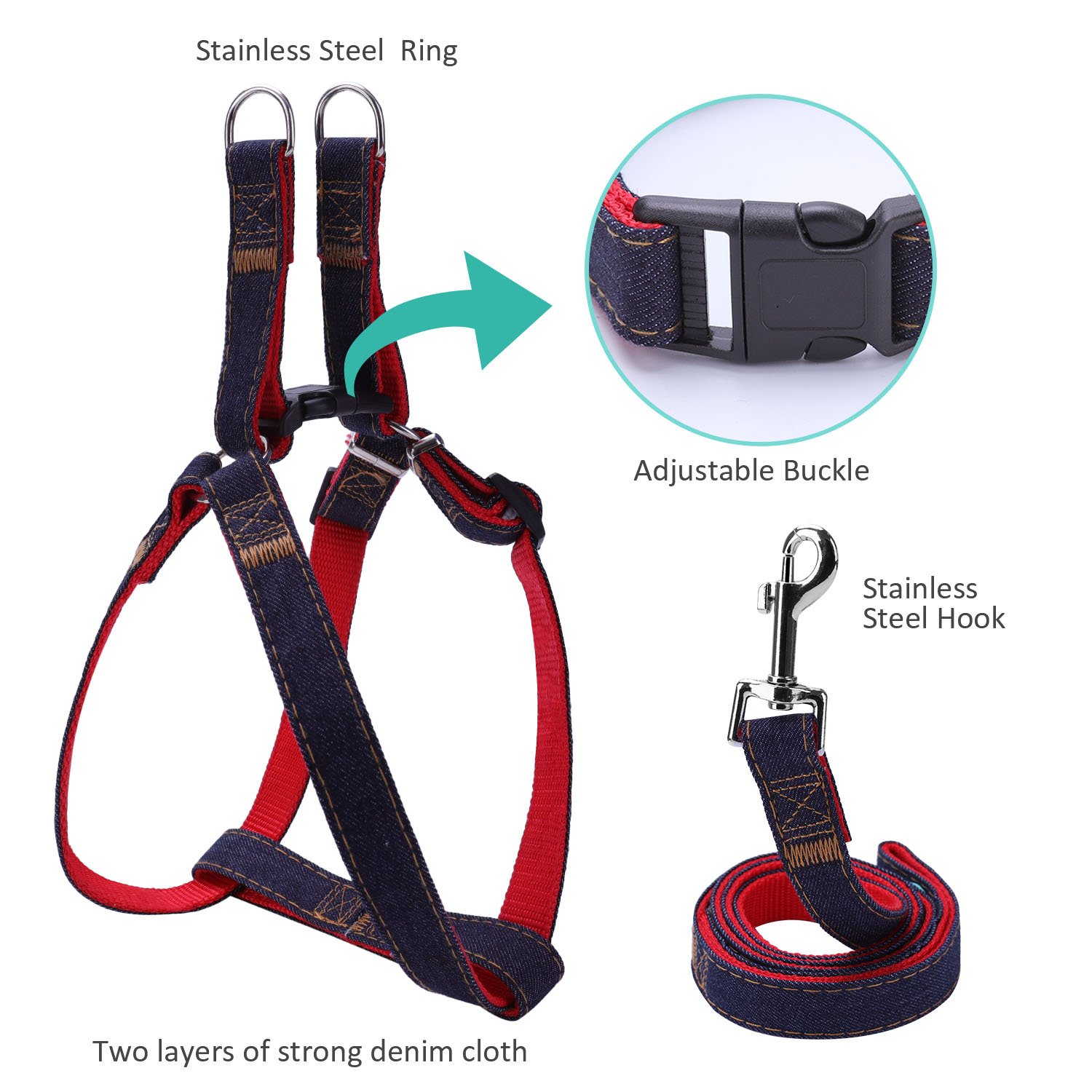 Premium Dog Harness, Leash & Collar Set - Heavy Duty Nylon with Denim Design for Small, Medium & Large Dogs | Durable Walking & Training Accessories for Puppies & Adult Pets (Red, Size S) - Perfect for Daily Walks, Outdoor Adventures & Obedience Training