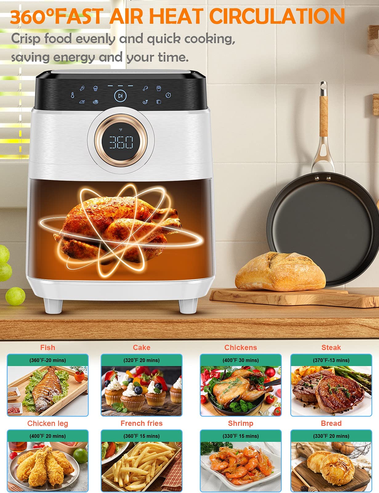 ALLCOOL 8QT Large 1700W Air Fryer Oven with Touch Screen - 8-in-1 Multi-Function Countertop Convection Oven, Dishwasher Safe Nonstick Basket, 36 Recipes Included, BPA & PFOA Free (White) - Perfect for Healthy Frying, Baking, Roasting, and Reheating Meals for Families