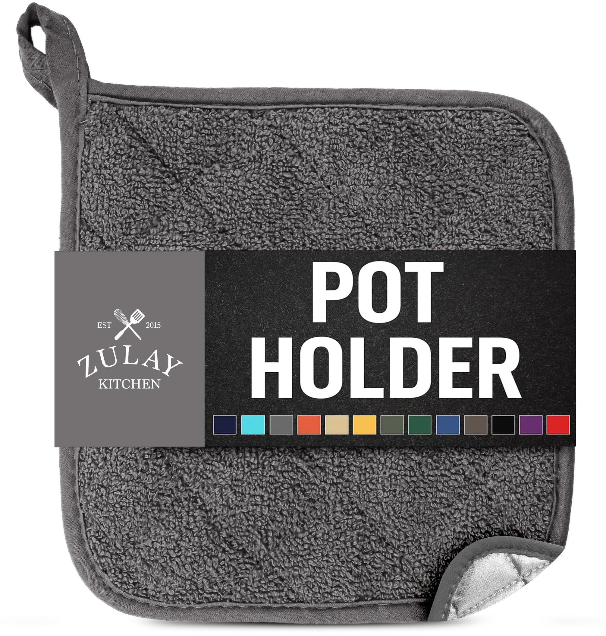 Zulay Heat Resistant Cotton Pot Holders - 7x7 Inch Quilted Terry Cloth Kitchen Potholder Set (Gray) - Washable & Durable for Cooking, Baking, Grilling - Perfect for Stovetop, Oven & BBQ Use