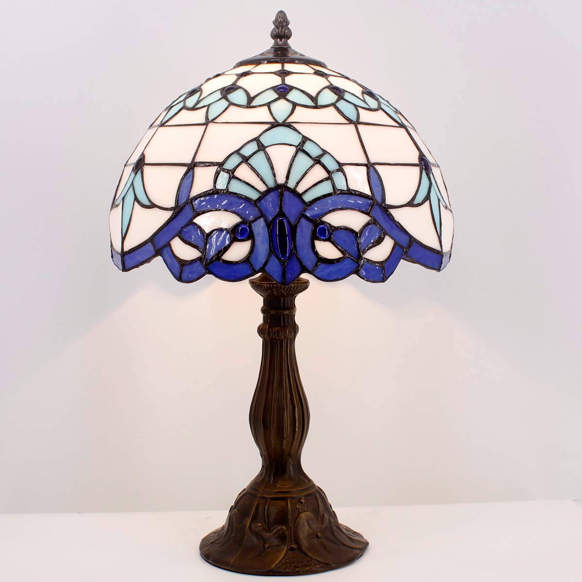 Tiffany Style Table Lamp - Navy Blue Baroque Stained Glass Desk & Bedside Light, 12x12x18 Inches, Perfect for Bedroom, Living Room & Home Office Decor - WERFACTORY S003B Series - Ideal for Reading, Relaxation & Romantic Ambiance Lighting