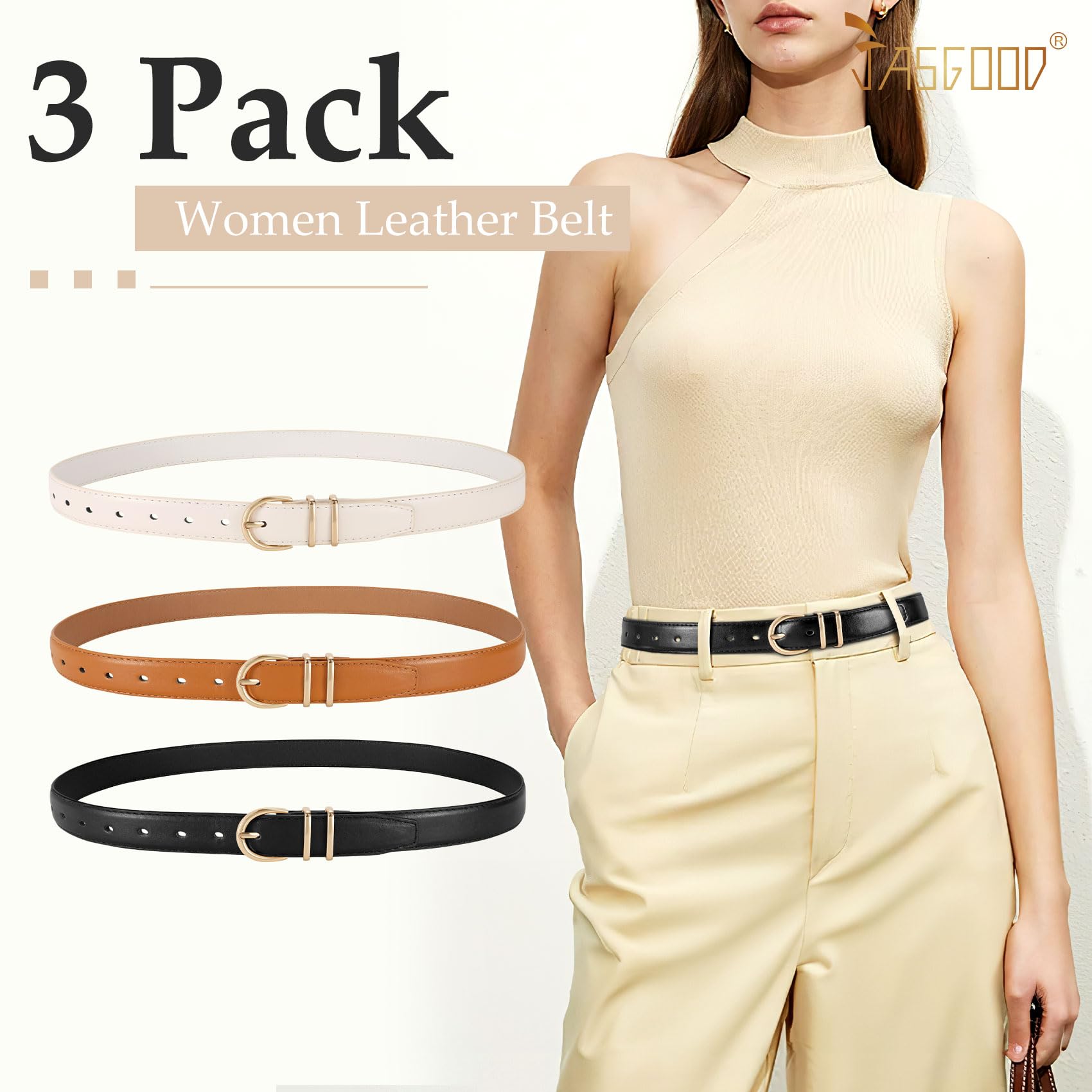 JASGOOL 3 Pack Genuine Leather Belts for Women - Stylish Gold Buckle Waist Belts for Jeans & Pants | Perfect for Casual Outfits, Office Wear & Everyday Fashion