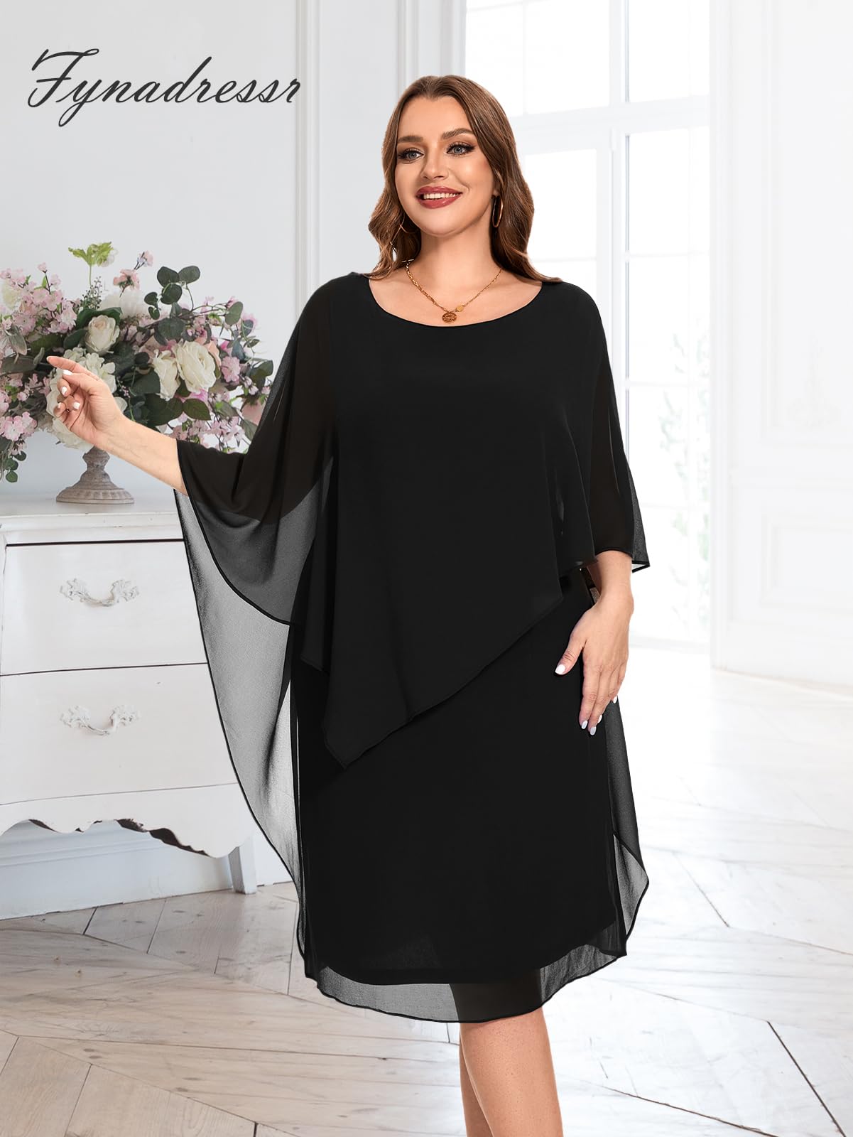 Plus Size Women's Chiffon Cape Dress - Sleeveless Elegant Cocktail & Wedding Guest Dress for Special Occasions | Perfect for Parties, Evening Events & Formal Gatherings