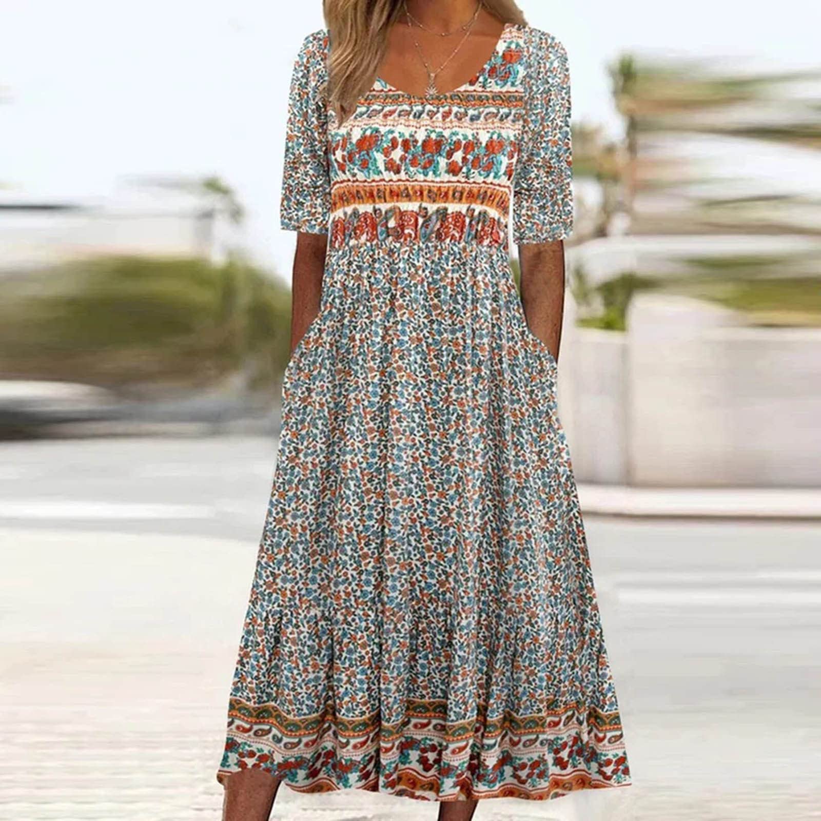 Fartey Plus Size Women's Summer Dress 2025 - Casual Crewneck T-Shirt Dress with Floral Print, Short Sleeve Boho Style | Perfect for Beach Outings, Vacation Wear & Everyday Comfort