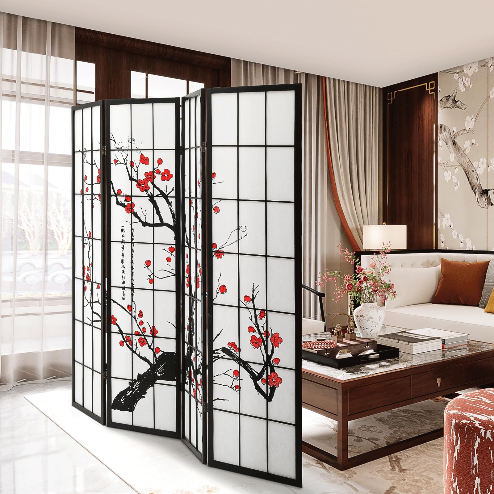 4 Panel Chinese Style Room Divider - Freestanding Privacy Screen with Plum Blossom Design for Bedroom, Office & Dressing Area | Temporary Wall Partition & Space Separator