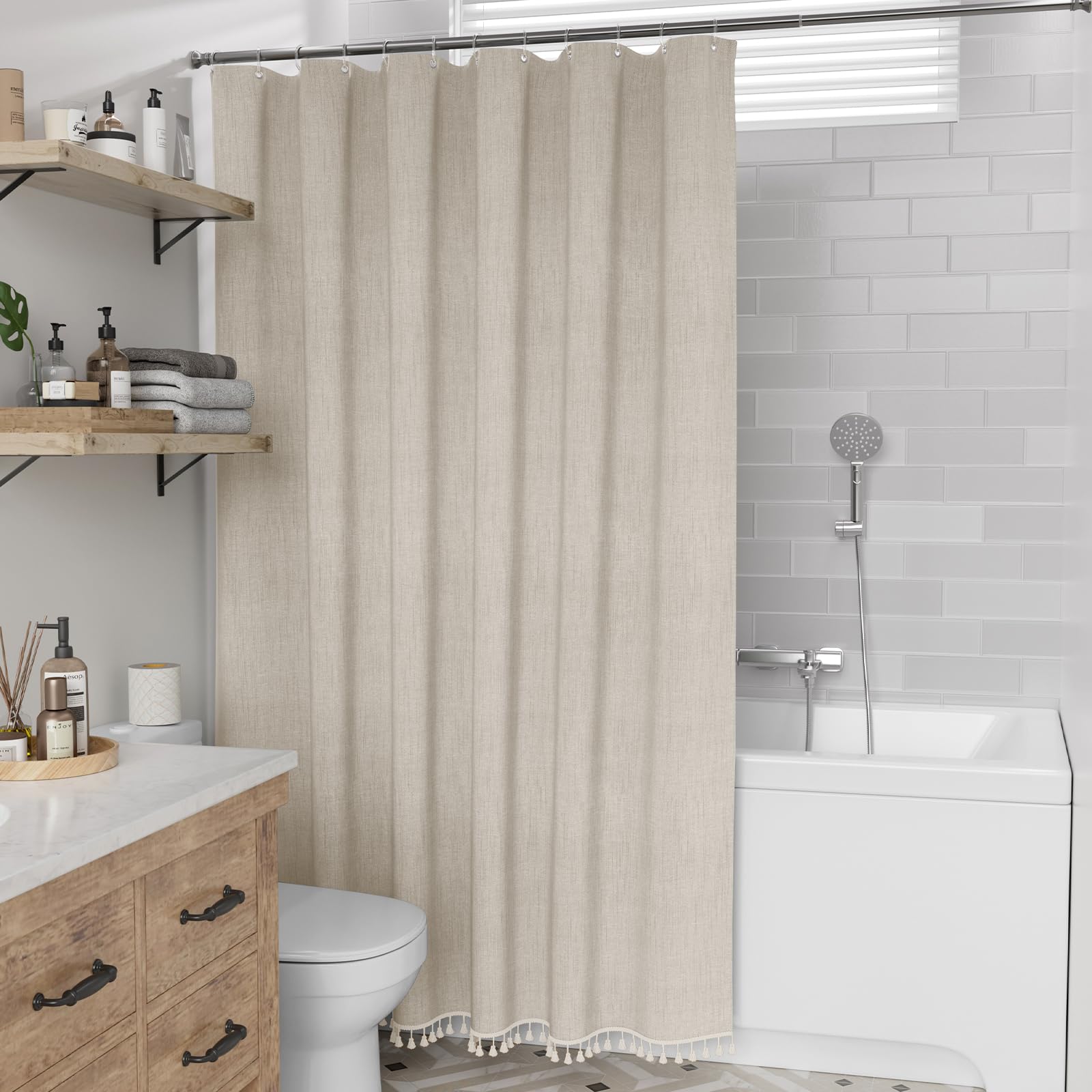 AmazerBath Beige Faux Linen Shower Curtain with Tassels - 72x72 Inch Water Repellent Bathroom Curtain for Modern Farmhouse Decor, Neutral Tasseled Shower Liner with Hooks - Perfect for Bathrooms, Guest Rooms & Spa-Style Retreats