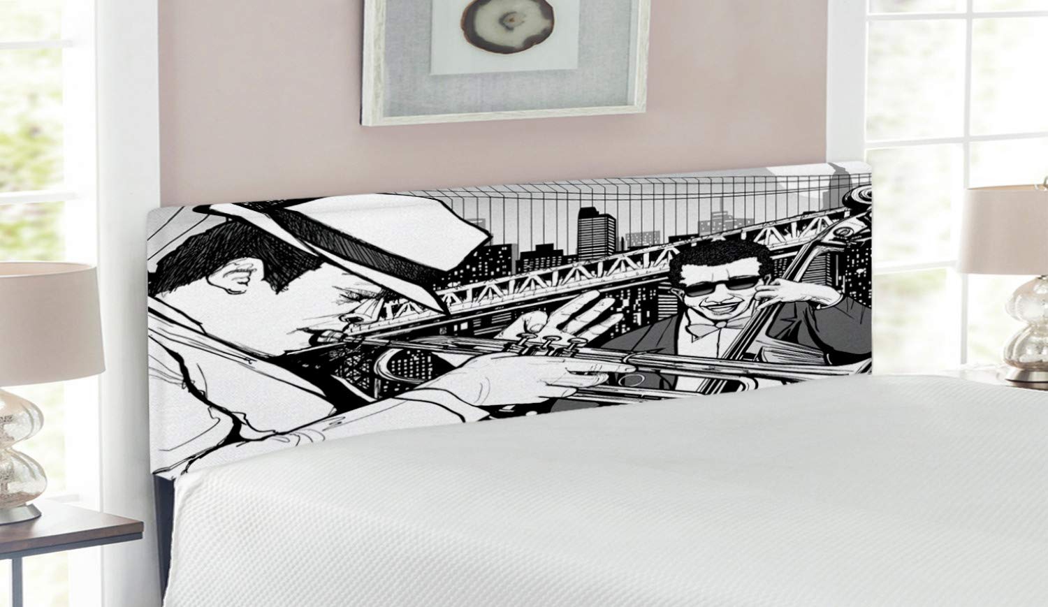 Ambesonne Jazz Band Headboard - Retro Moonlight Blues Illustration in New York | Upholstered Metal Bed Headboard with Memory Foam | Queen Size Black & White | Perfect for Music Lovers' Bedroom & Jazz-Themed Decor