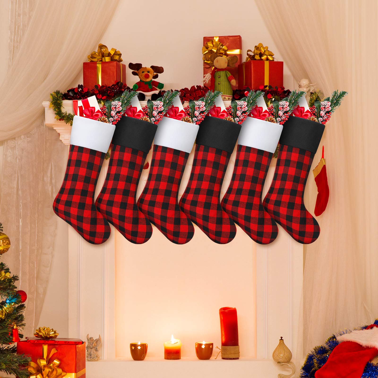 Skylety 20 Inch Christmas Stockings - Plaid Holiday Stockings with Faux Fur Cuff for Fireplace Decor - Family Xmas Party Decorations (Set of 6, Black Red with Black White Cuff) - Perfect for Christmas Tree, Mantel, and Festive Home Decor