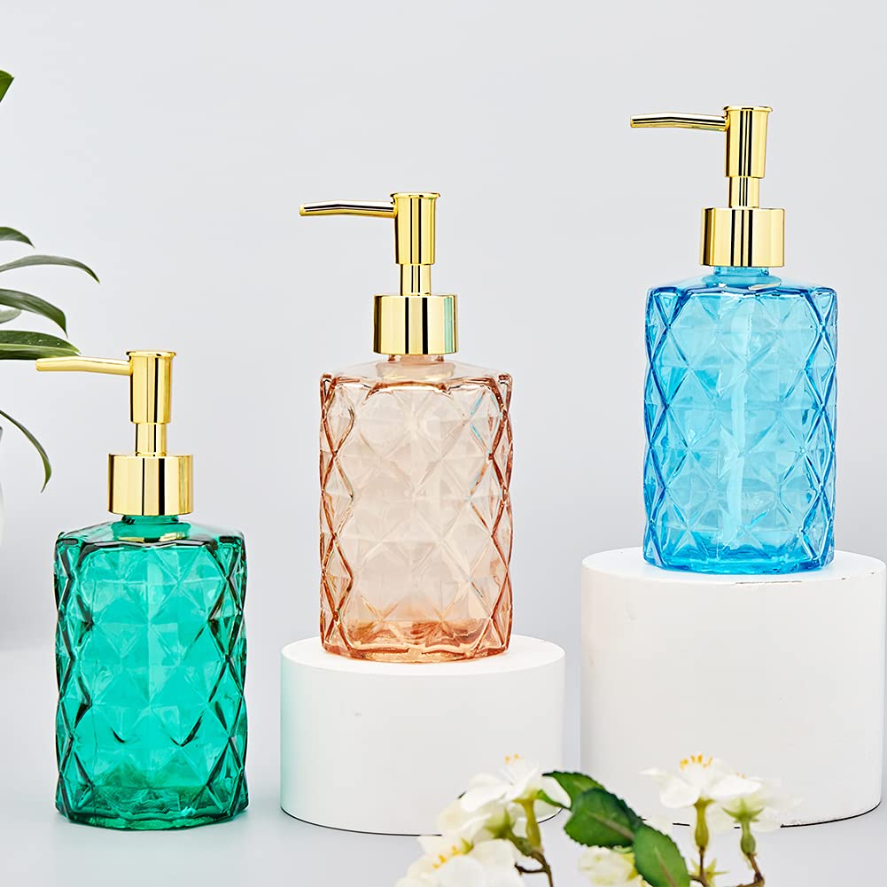 12 Oz Glass Soap Dispenser with Golden Pump - Elegant Diamond Design for Bathroom & Kitchen - Hand Soap, Lotion Dispenser - Amber Glass Container for Home, Hotel, and Restaurant Use