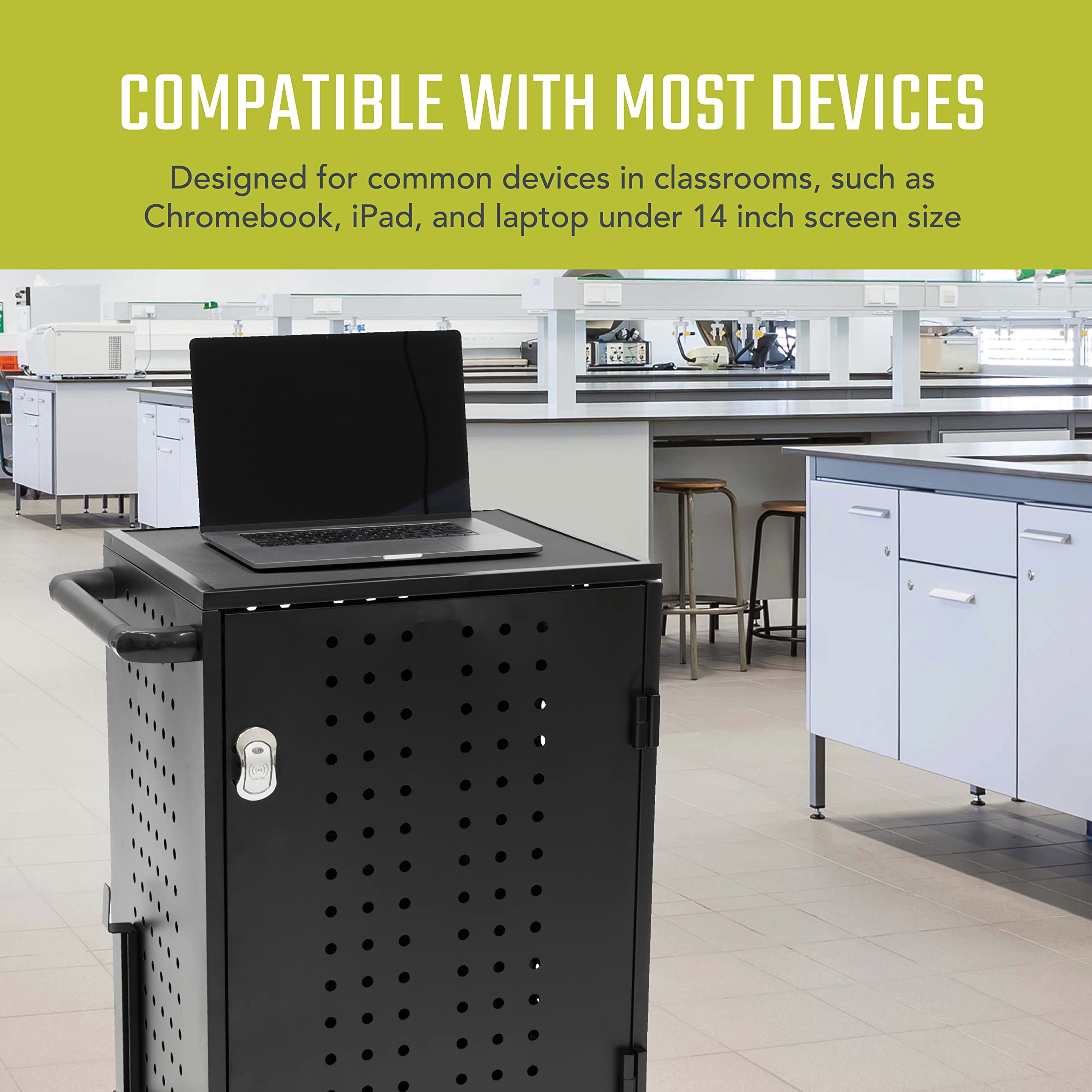 Pearington 30 Device Charging Cart with Electric Key Card Lock | Organize Chargers & Cables | Mobile Laptop & Chromebook Charging Station | Black | Perfect for Schools, Offices & Tech Labs