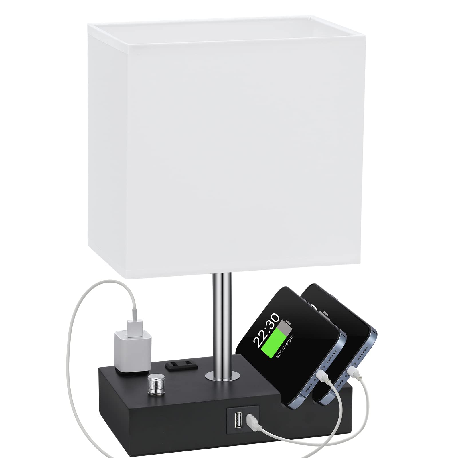 Kakanuo White Dimmable Table Lamp with Dual USB Ports & Phone Stand - LED Bedside Lamp for Bedroom, Nightstand, Living Room & Office - Includes LED Bulb & 2 Charging Outlets (Perfect for Reading, Working & Phone Charging)