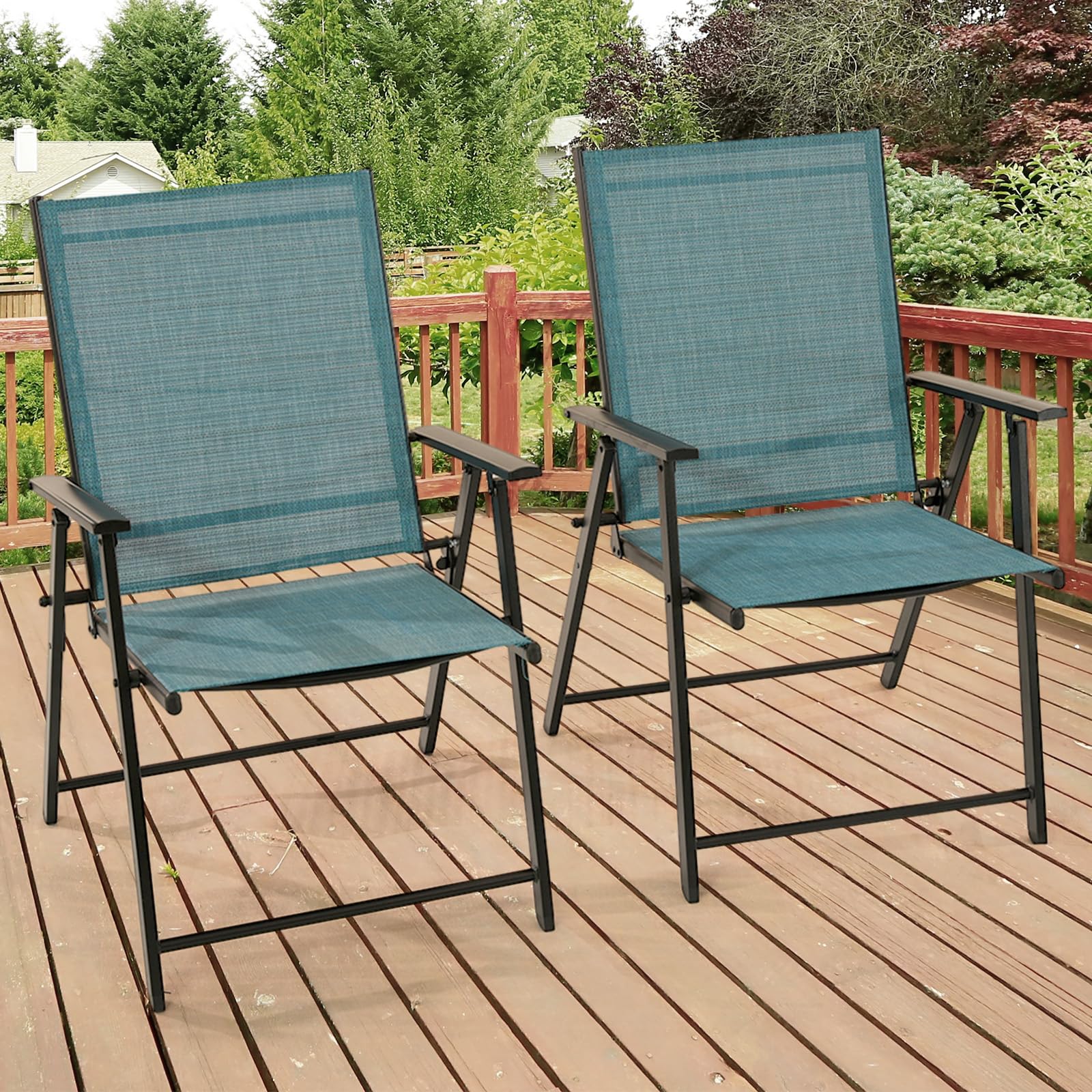 Patio Folding Chairs Set of 2 - Light Blue Outdoor Lawn Chairs with Rustproof Metal Frame, Portable Dining Chairs for Porch, Deck, Garden, Backyard, Camping | Perfect for Picnics, BBQs, Beach Trips & Outdoor Gatherings