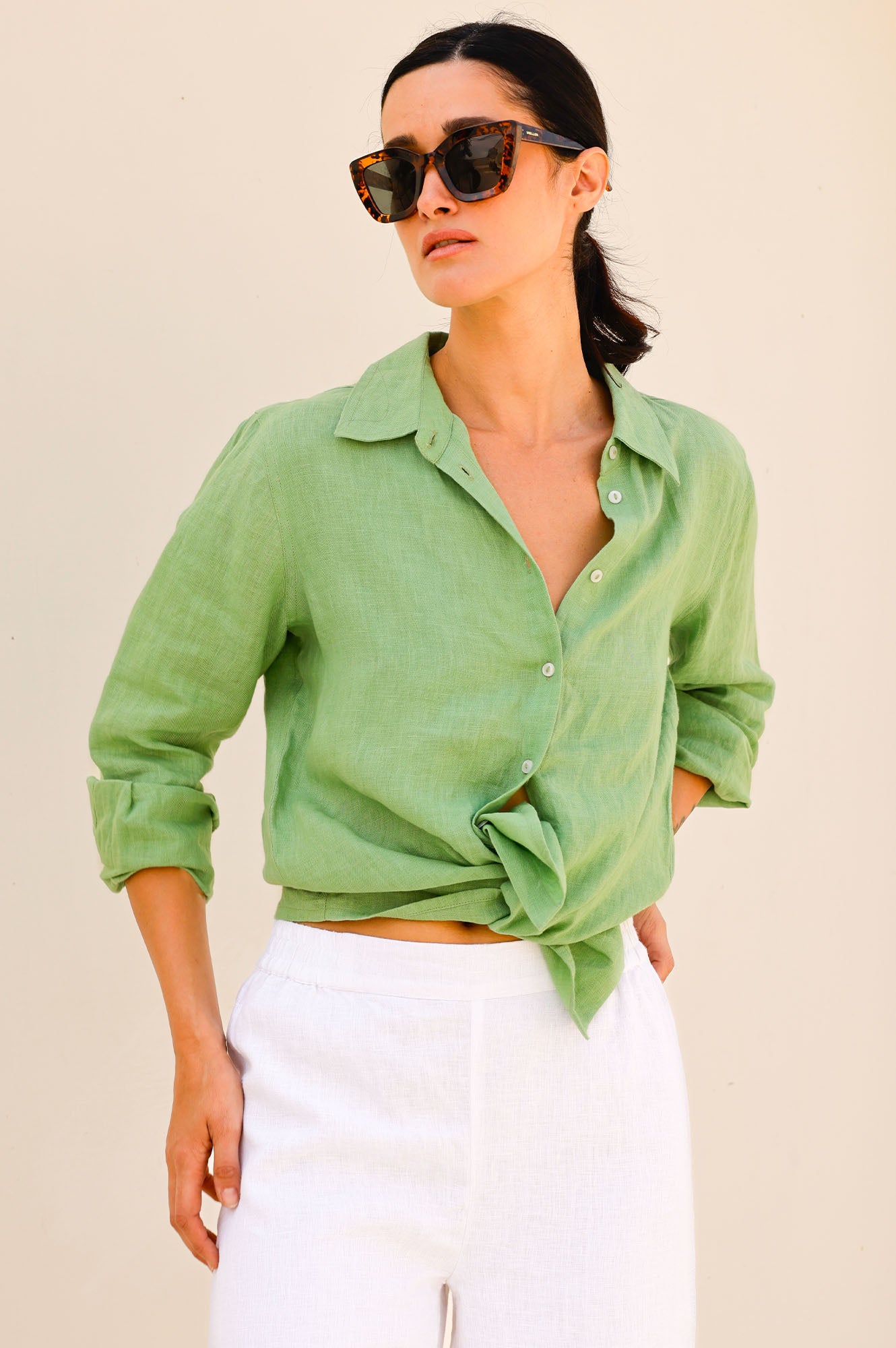 Women's Linen Shirt - Breathable & Lightweight Summer Top in Leaf Green | Casual Wear, Beach Outfit & Office Attire