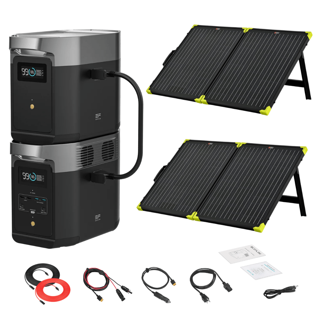 EcoFlow DELTA 2 Portable Power Station with Extra Battery - 2048Wh Capacity, 1800W Output, Solar Generator Kit with 100W Monocrystalline Solar Panel - Perfect for Home Backup, Camping, RV & Outdoor Adventures