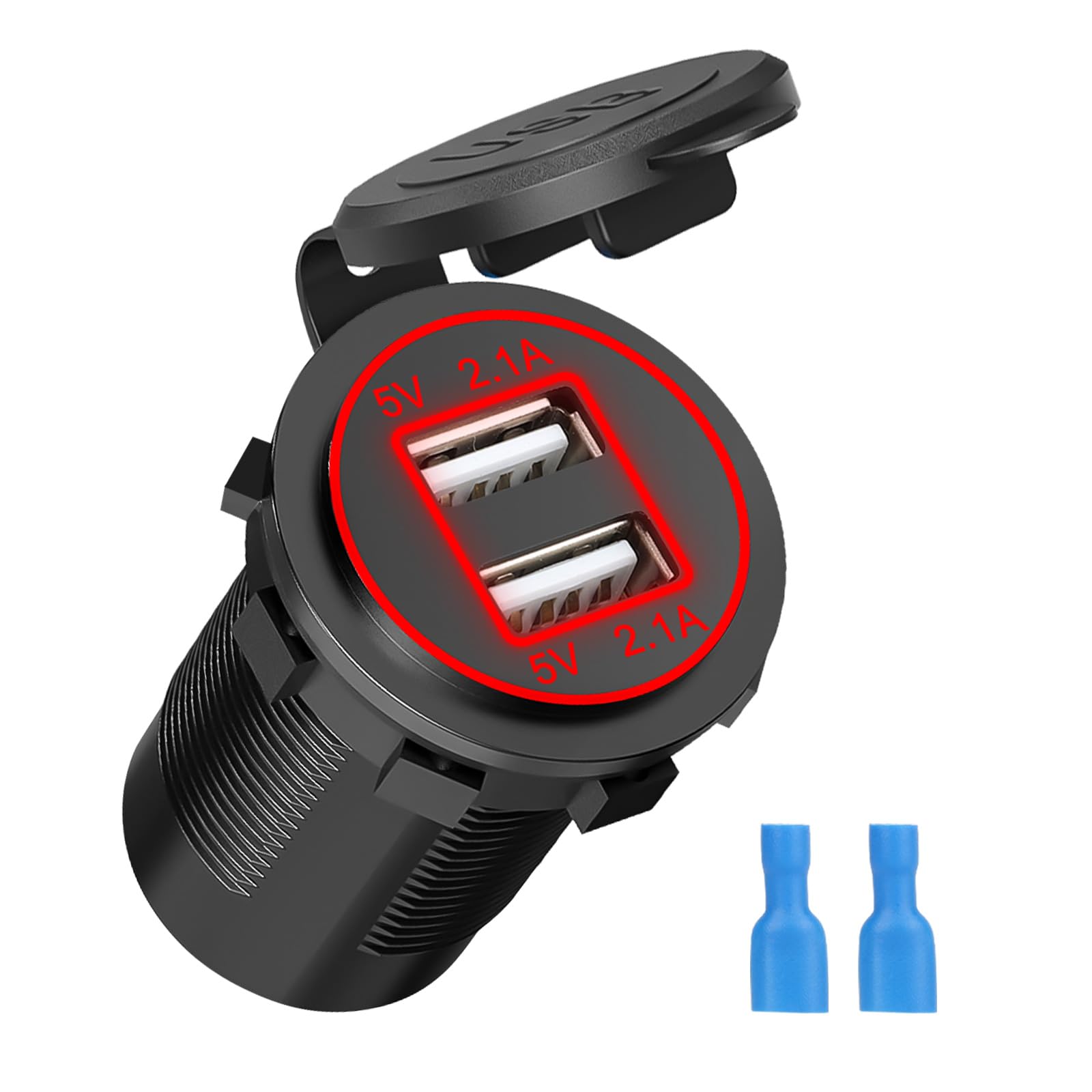 Linkstyle 12V USB Socket - 4.2A Dual USB Car Charger with Red LED & Waterproof Cover for Car, RV, Boat, Marine - Fast Charging for Phones, Tablets & GPS Devices on Road Trips & Marine Adventures