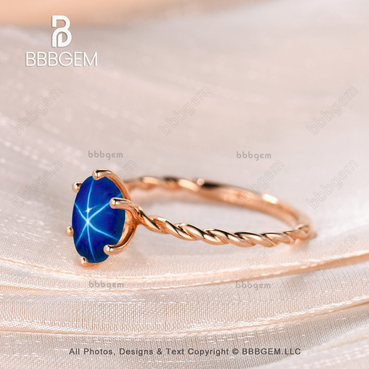 14K Rose Gold 1 Carat Blue Star Sapphire Oval Ring - September Birthstone Solitaire with Twisted Rope Band for Women, Perfect for Anniversary, Engagement & Special Occasion Gifts