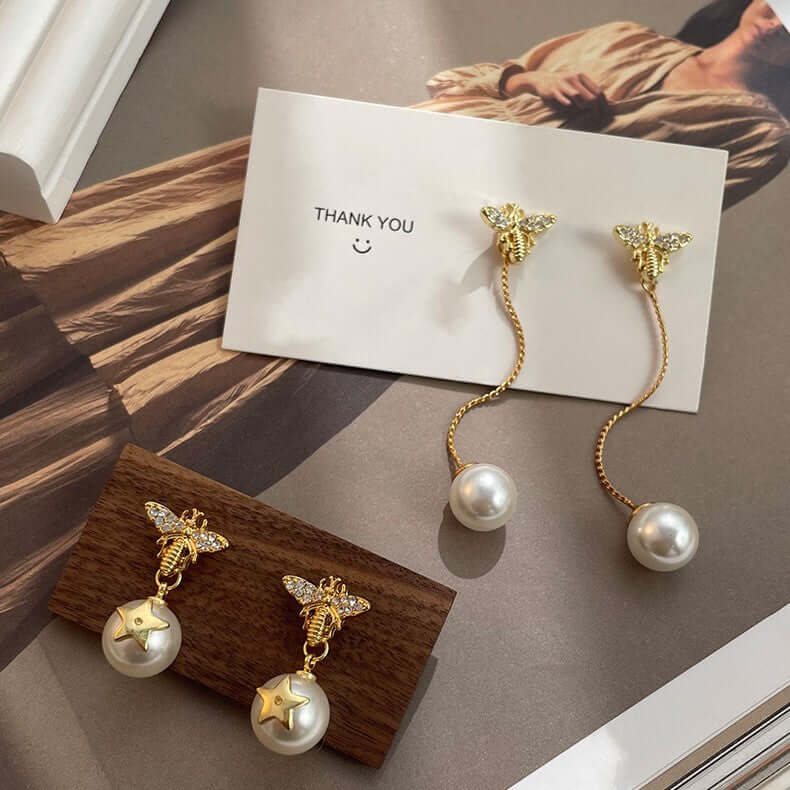 Dainty Bumble Bee Pearl Drop Earrings for Women - Elegant Gold Plated Dangle Earrings with Freshwater Pearls | Perfect for Weddings, Parties & Everyday Wear (DMS271)