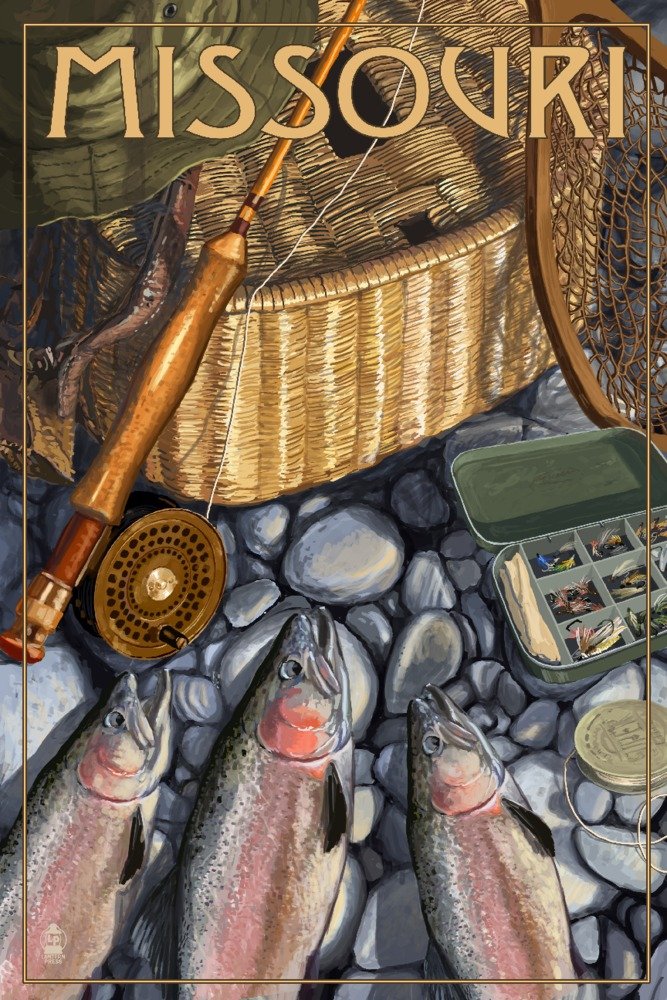 Lantern Press Missouri Fishing Still Life Art Print - 12x18 Inch Wall Decor Poster for Living Room, Bedroom & Office - Perfect for Home, Cabin & Fishing Enthusiasts