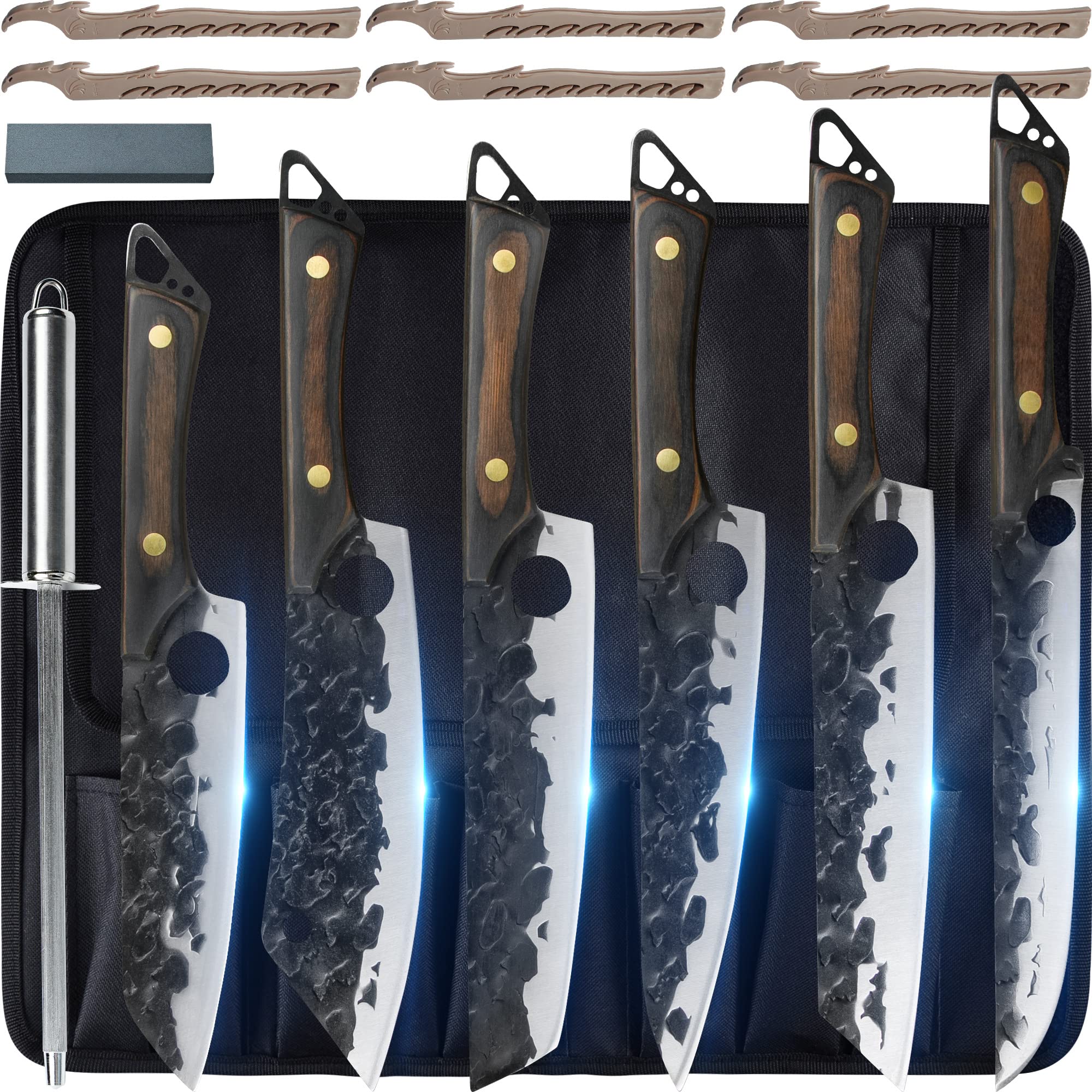 XYJ FULL TANG Camping Knife Set - 7/7.5/8/9 Inch Professional Chef Knives with Knife Holder, Chef Bag & Sharpening Rod - Premium Meat & Vegetable Slicing Knives for Outdoor Cooking, BBQ, Hunting & Camping Adventures