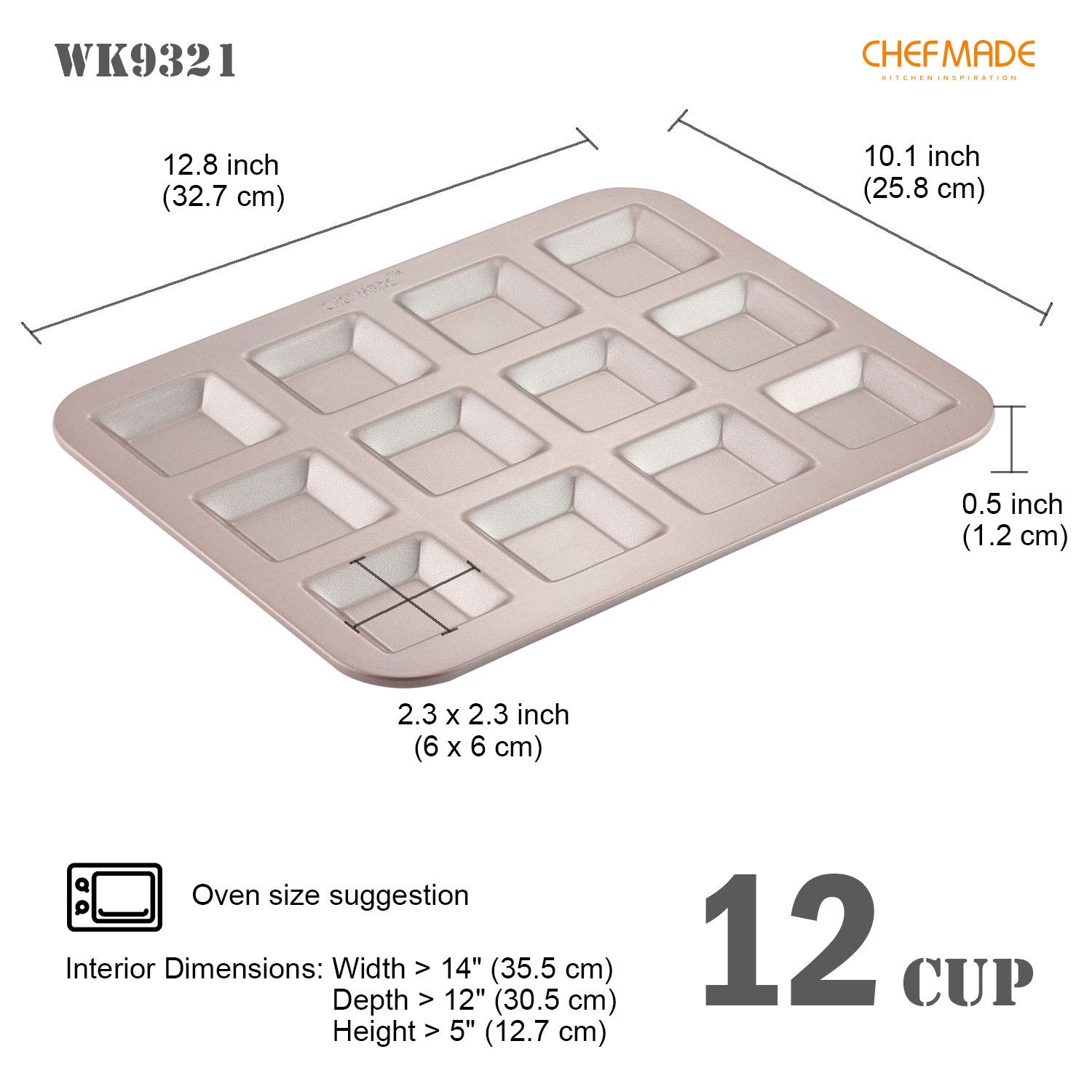 CHEFMADE 12-Cavity Non-Stick Square Financier Cake Pan - Premium Biscuit & Cookie Bakeware for Oven Baking (Champagne Gold) - Perfect for French Pastries, Tea Cakes & Holiday Desserts
