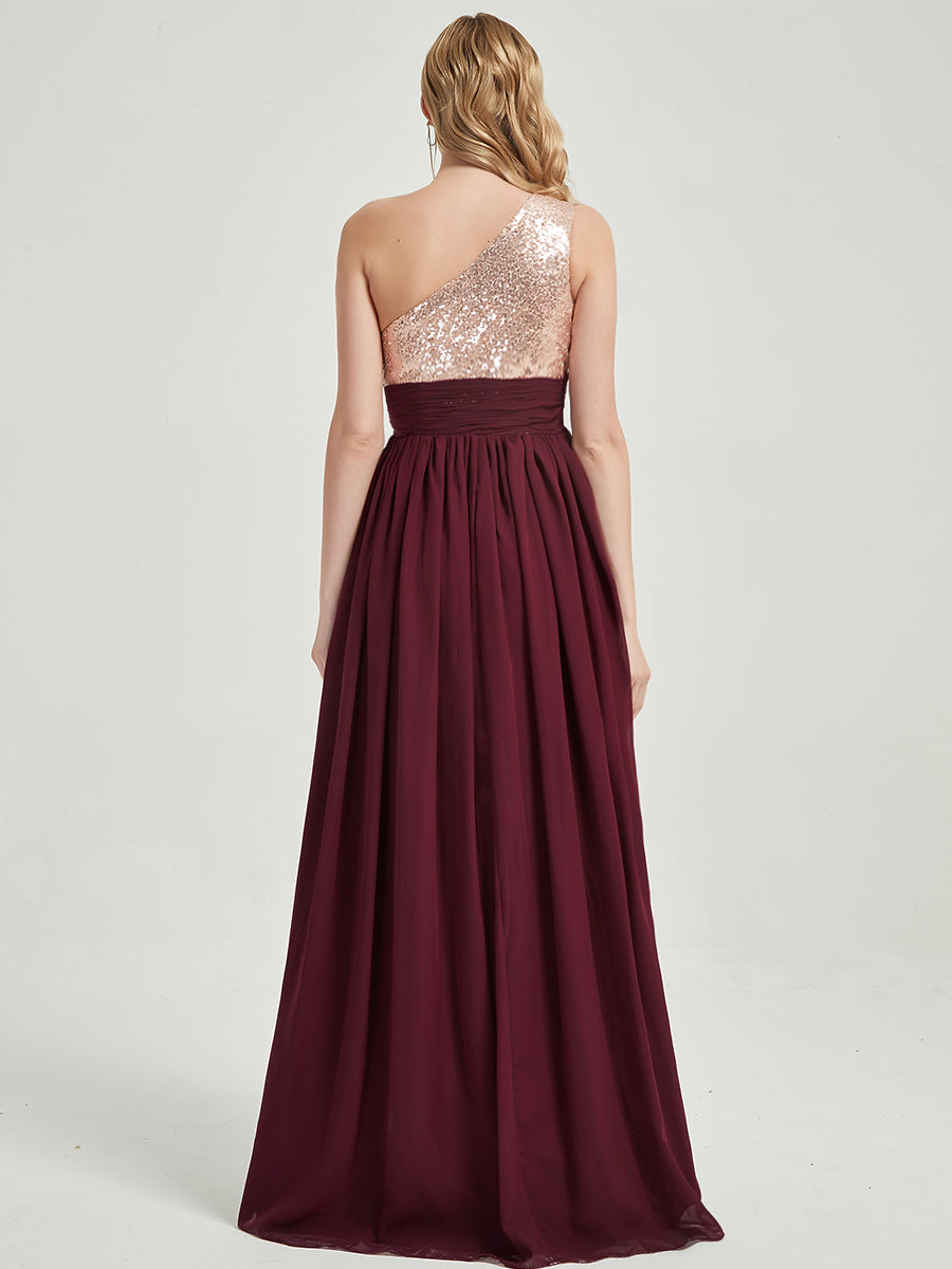 Elegant Cabernet One Shoulder Sleeveless Chiffon Sequin Maxi Dress for Bridesmaids | Formal Evening Gown for Weddings, Prom & Special Occasions