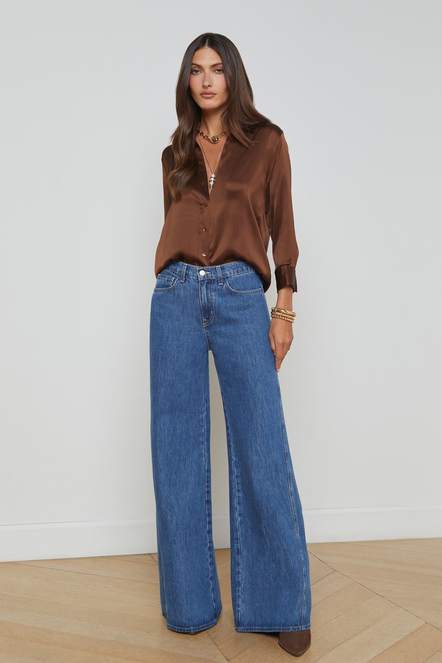L'Agence Dani Silk Blouse for Women - Elegant Long Sleeve Button Down Shirt for Work, Office & Special Occasions
