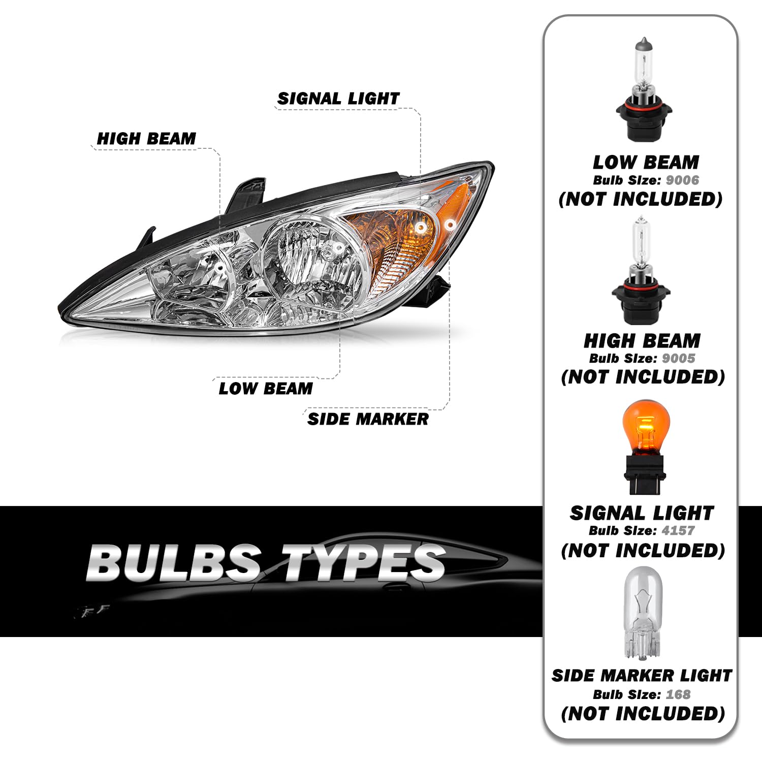 2002-2004 Toyota Camry Headlight Assembly Pair - Chrome Replacement Headlights for Improved Night Visibility | Perfect for Daily Driving & Road Trips