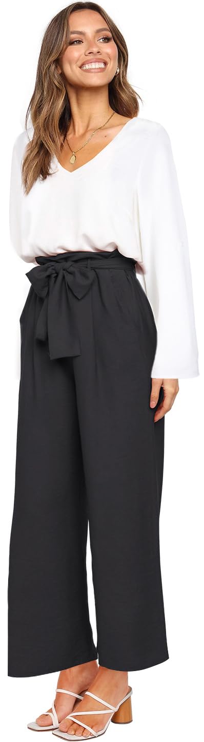 FANCYINN Women's 2-Piece Outfit Set - V-Neck Long Sleeve Blouse & High Waisted Paper Bag Pants with Belt | Casual Office Wear & Spring Fashion Outfits