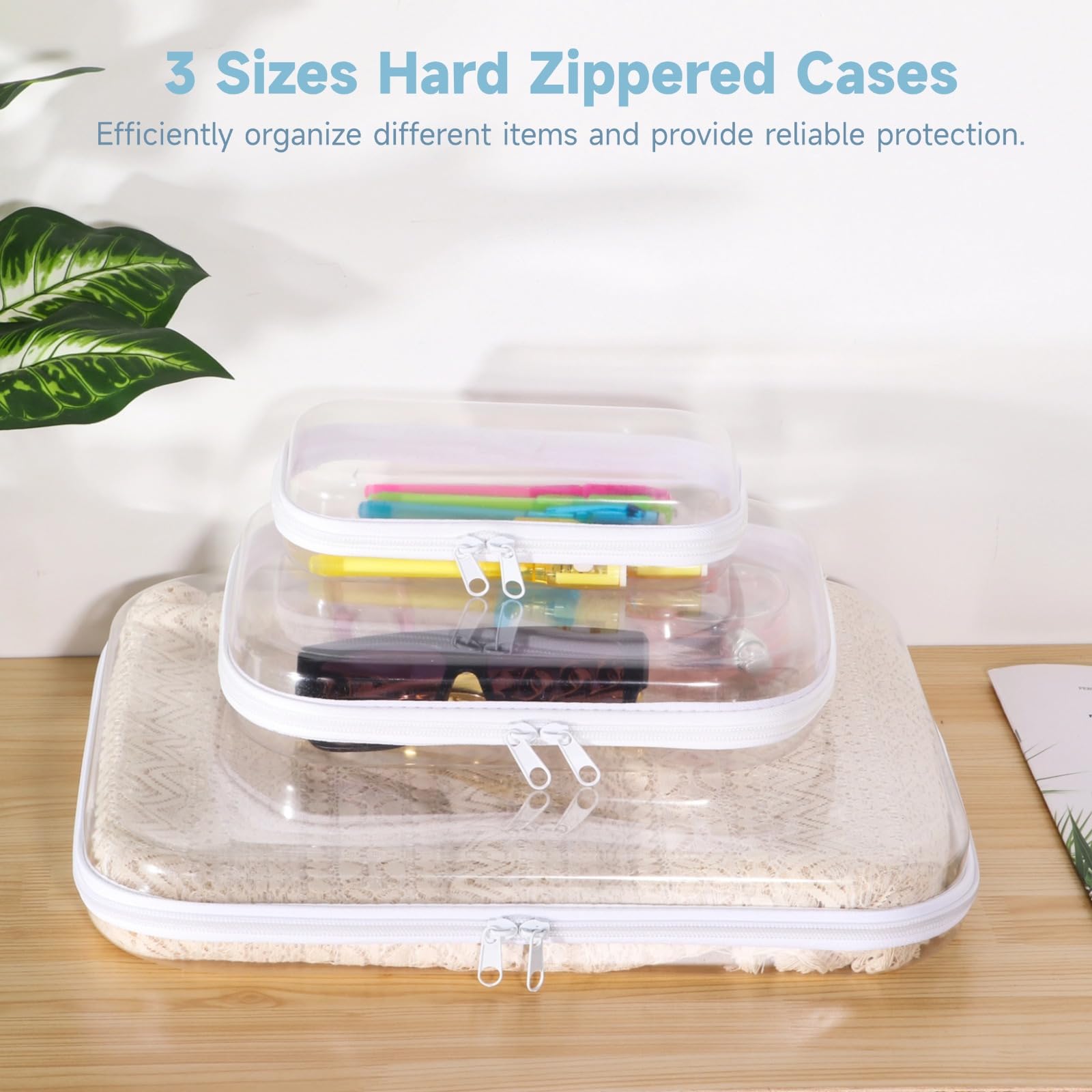 Homaisson 3-Piece Clear Hard Shell Zipper Case Set - Transparent Waterproof Organizer Pouches in 3 Sizes, Double Zippered Storage Bags for Makeup, Snacks & Toys | Perfect for Travel, Home Organization & Cosmetic Storage