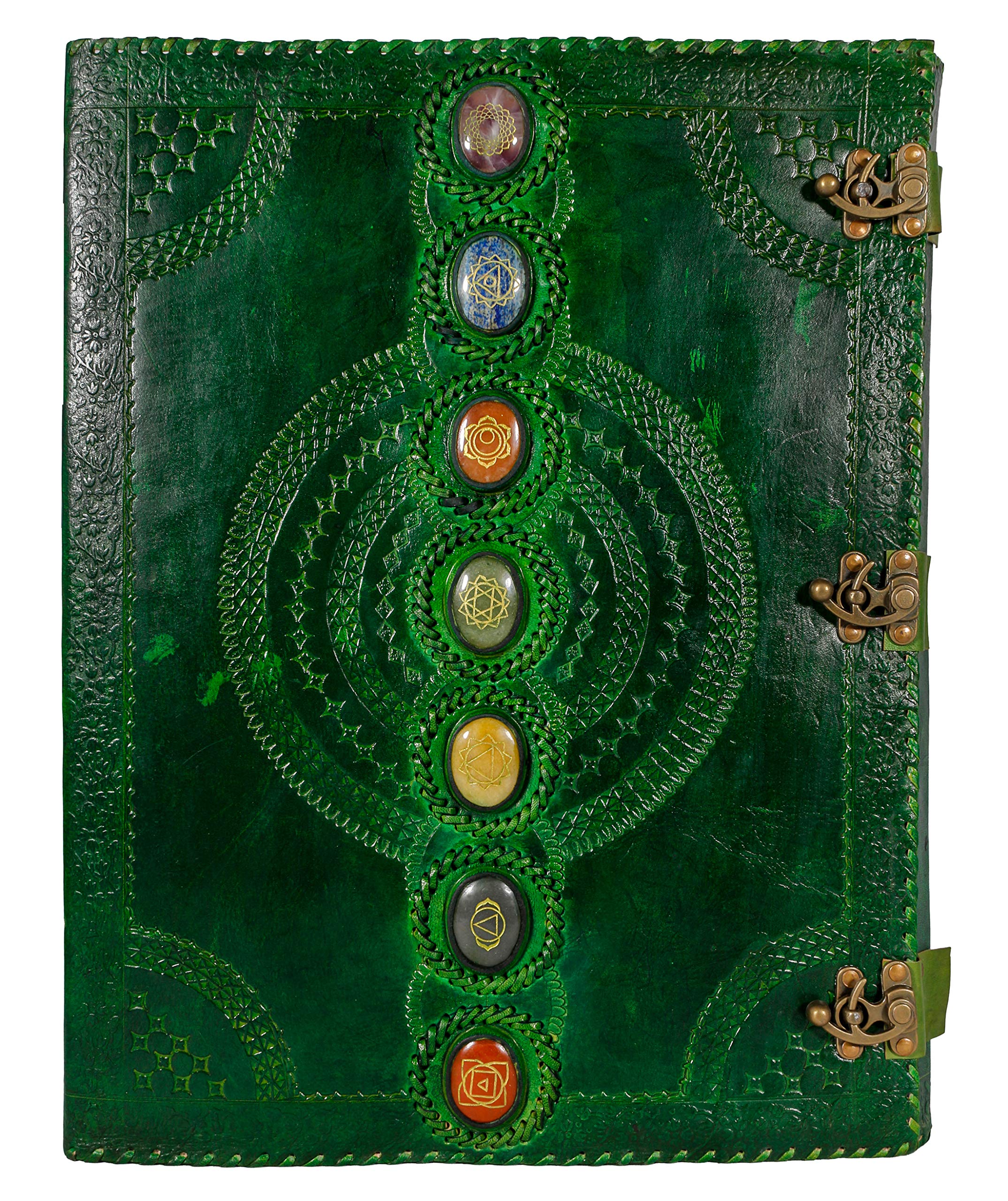 Handmade Leather Journal with Real Stone and Seven Chakra Embossing - Medieval Style Book of Shadows Notebook for Office, College, Poetry & Sketching - Grimoire Diary (Green, 13x18 inch) - Perfect for Wiccan Rituals, Journaling & Gift Giving