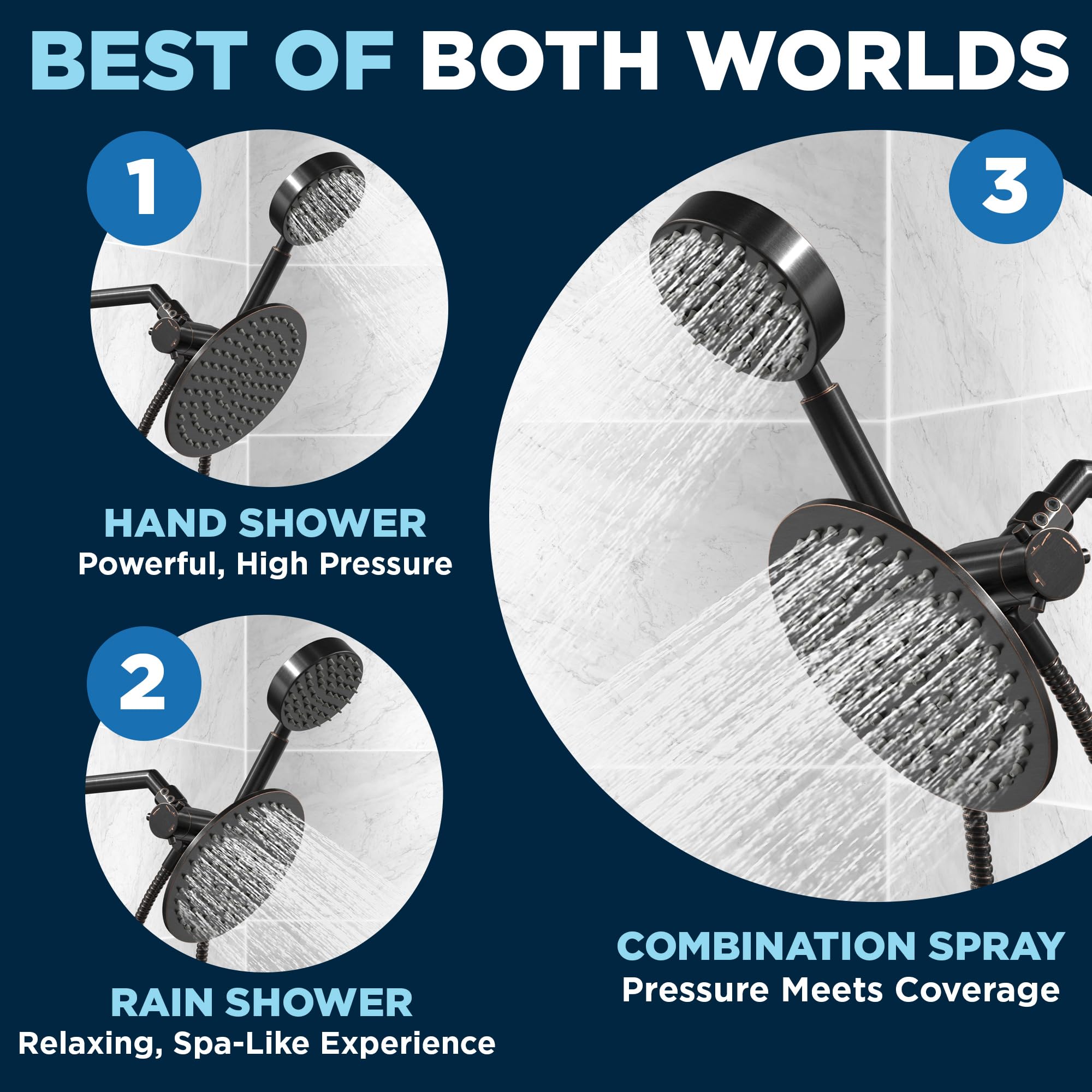 HammerHead Showers® ALL METAL Dual Shower Head Combo - Oil Rubbed Bronze Finish - 8 Inch Rainfall Shower Head & High Pressure Handheld Shower with 6ft Hose - Luxury Hotel Style Bathroom Upgrade for Spa-Like Experience