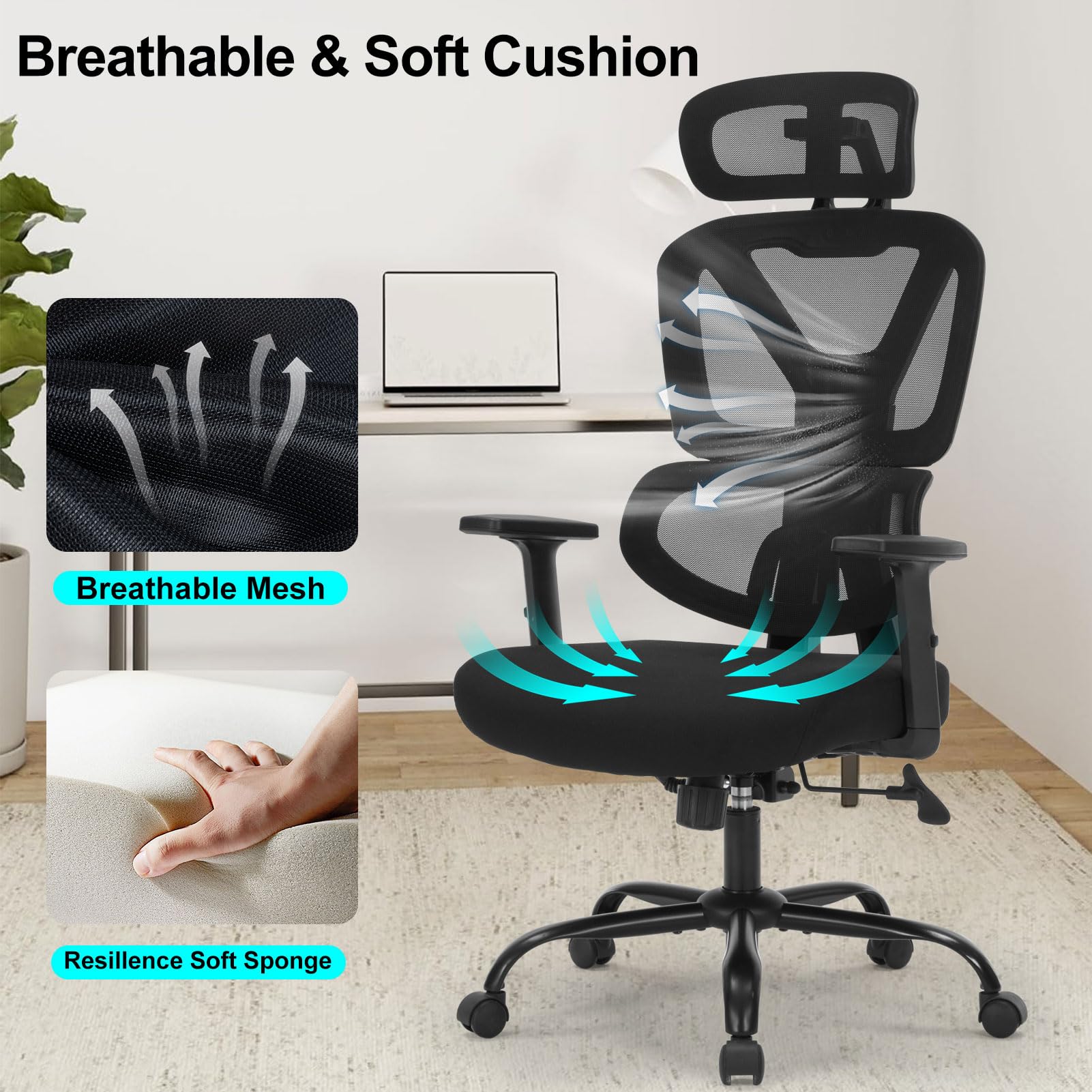 Ergonomic Home Office Chair with Adjustable Height & Lumbar Support - High Back Mesh Computer Desk Chair with Flip-Up Armrests for Adults - 300LB Capacity - Perfect for Home Office, Study Room, Dormitory & Workspace