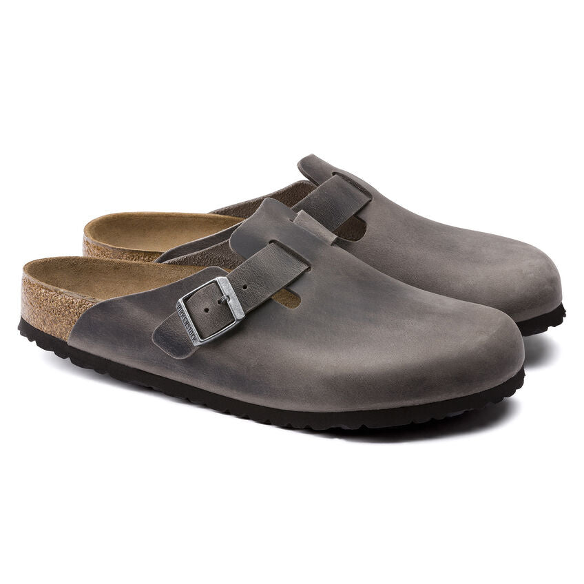 Birkenstock Boston Oiled Leather Soft Footbed Clog in Iron - Comfortable Slip-On Shoes for Women & Men - Perfect for Home, Office, and Casual Wear