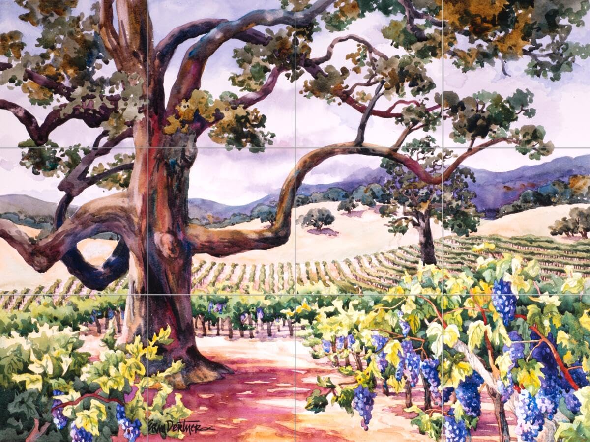 Hand-Painted Ceramic Backsplash Tile Mural - Tuscan Italian Countryside Scene for Kitchen & Bathroom - Harvest Color Palette by Erin Dertner - Perfect for Mediterranean Style Home Decor & Farmhouse Renovations