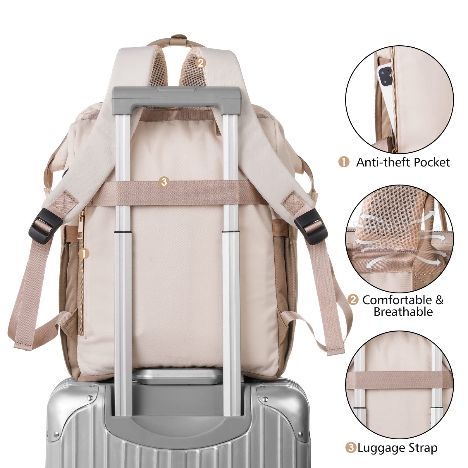 Stylish Water-Resistant Laptop Backpack for Women with USB Charging Port - Durable 17-Inch Laptop Bookbag for College Students, Teachers, Doctors & Nurses - Perfect for Work, School & Travel (Khaki Beige)