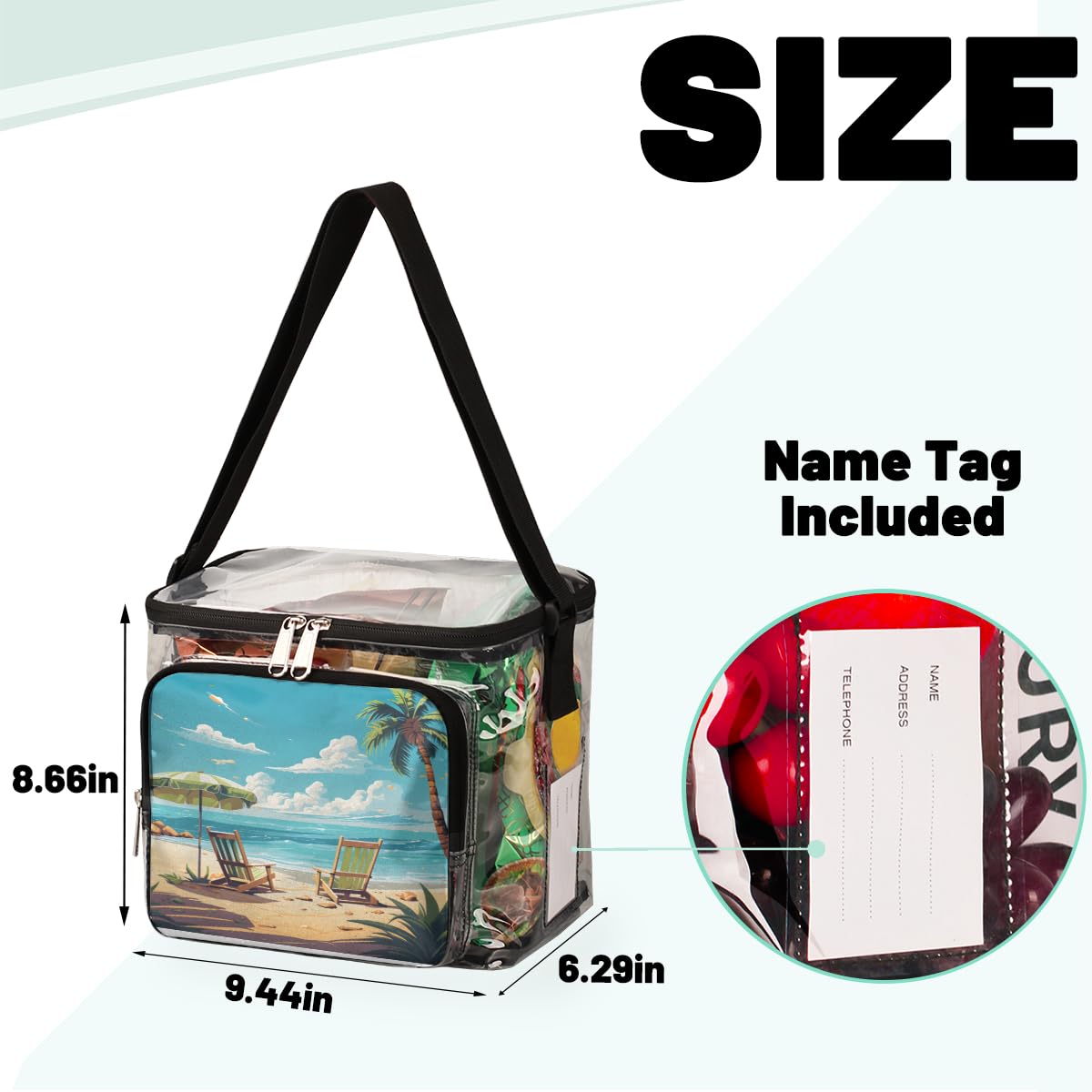 GzLeyigou Clear Transparent Beach Tote Bag with Handles - Palm Tree Design Crossbody Shoulder Bag for Lunch, Outdoor, Travel, Picnic, Concerts & Sports Events | Stadium Approved Waterproof Carry-All for Summer, Pool Party, Music Festival & Vacation Essentials
