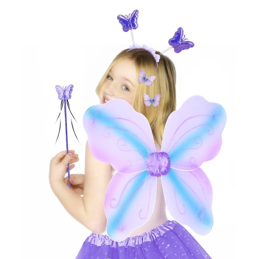 WILDPARTY Fairy Costume Set for Girls Age 3-8 - Butterfly Wings, Tutu Skirt, Hair Clips, Magic Wand & Headband - Perfect for Halloween, Dress-Up Parties & Fairy Themed Events