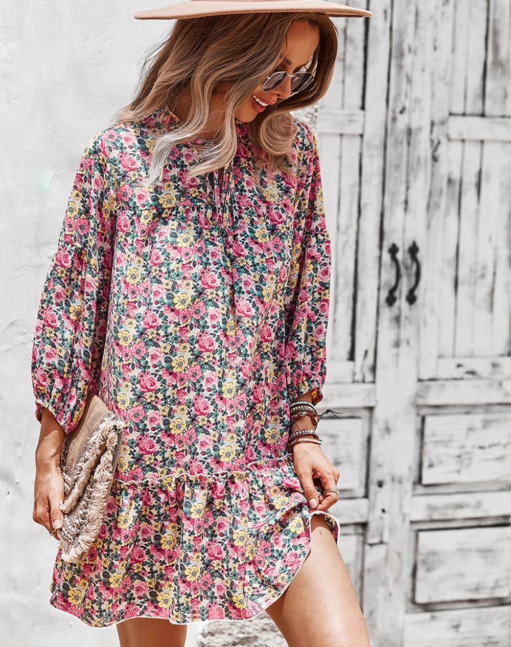 Women's Long Sleeve Boho Floral Dress - V Neck Casual Flowy Maxi Dress for Beach, Vacation & Everyday Wear | Plus Size Options Available