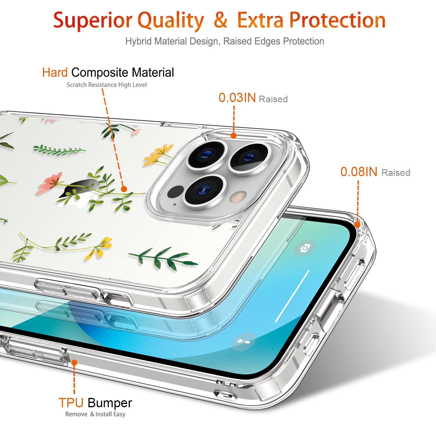 GiiKa iPhone 13 Pro Max Case with Screen Protector - 6.7 Inch Clear Shockproof Protective Floral Design Hard Case with TPU Bumper Cover for Women & Girls - Perfect for Everyday Use, Work, and Outdoor Activities