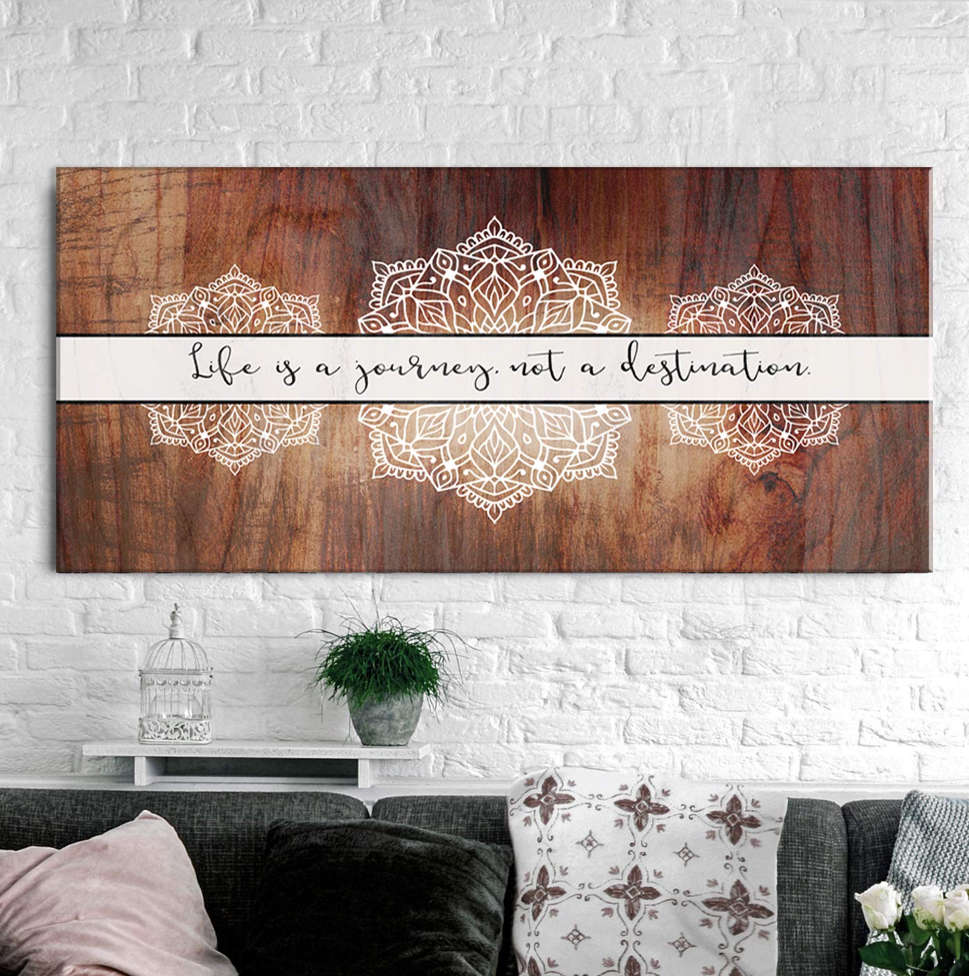Boho Life Is A Journey Sign - Large Bohemian Floral Canvas Wall Art for Bedroom, Modern Framed Home Decor Poster (60x27 Inches, Brown) | Perfect for Living Room, Nursery & Boho Style Interior Design
