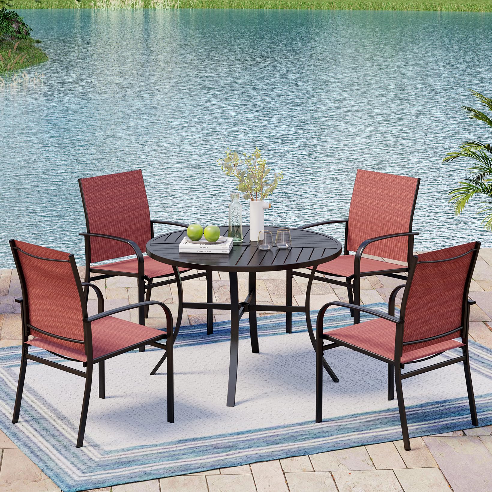 4-Piece Red Textilene Patio Dining Chairs Set with Armrests - Outdoor Furniture for Backyard, Deck, Poolside & Garden Dining