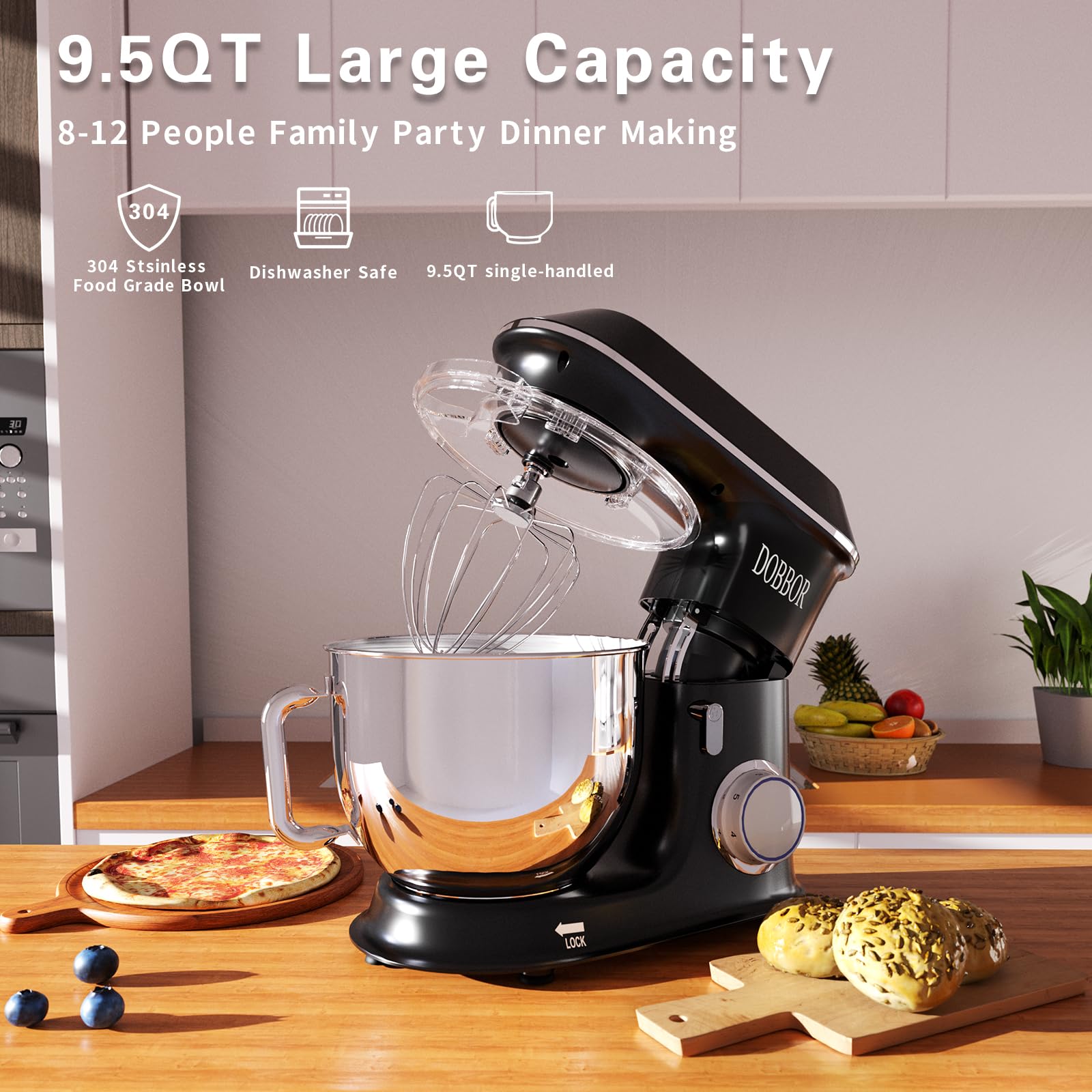 DOBBOR 9.5QT 660W Electric Stand Mixer - 6-Speed Tilt-Head Dough Mixer with Dough Hook, Whisk & Beater - Perfect for Baking Bread, Cakes, Cookies, Pizza & More - Includes Splash Guard - Ideal for Home Bakers & Professional Kitchens (Black)