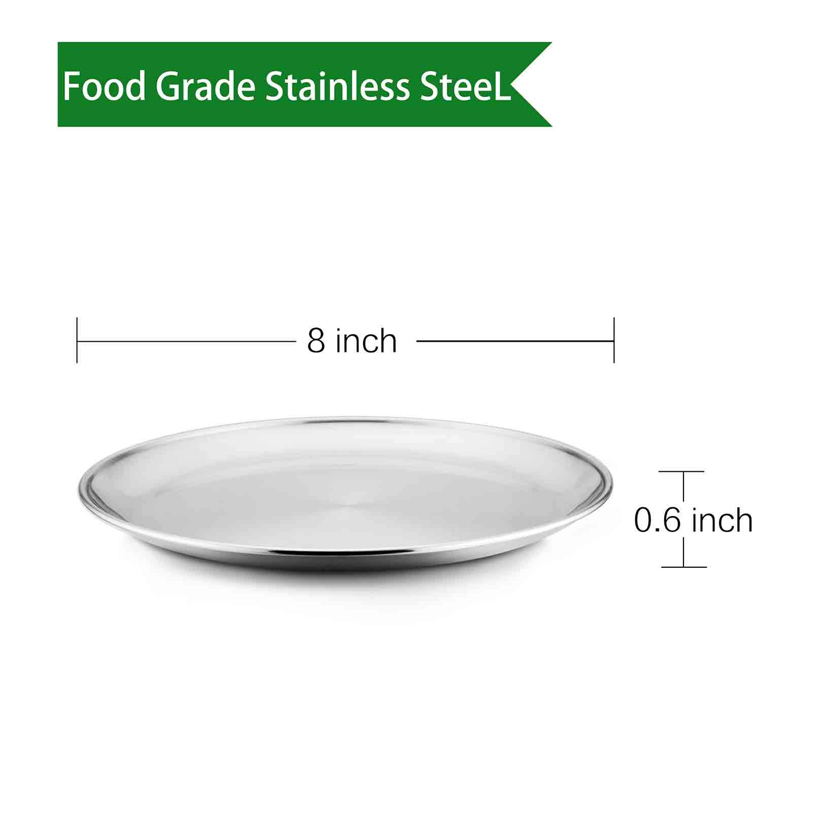 Stainless Steel Toddler Plates for Kids - 8 Inch Round Dinner & Salad Plates, Safe & Healthy, Heavy Duty & Dishwasher Safe - Perfect for Camping, Outdoor Parties, Picnics & Family Meals - Set of 6