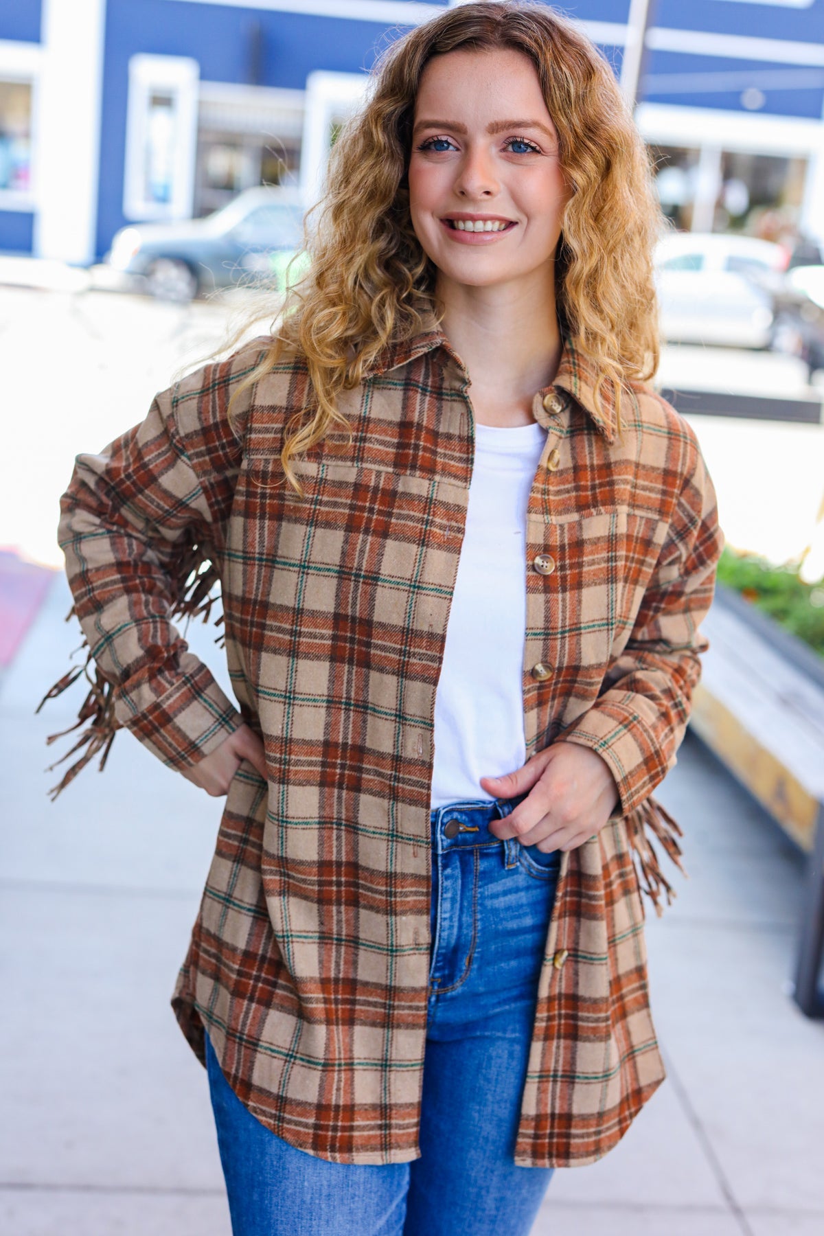 Stylish Taupe & Rust Flannel Plaid Fringe Jacket for Women - Cozy Fall Winter Layering Essential | Perfect for Outdoor Adventures, Casual Outings & Date Nights