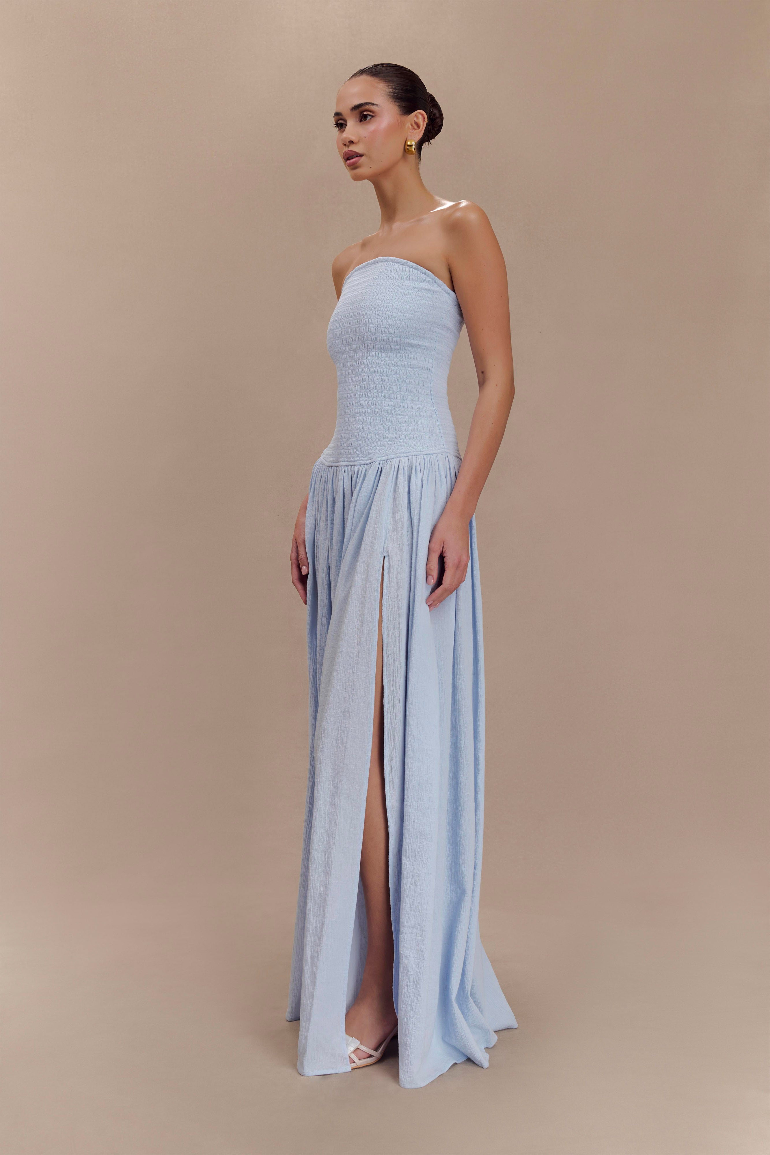Maureen Cotton Shirring Maxi Dress in Powder Blue | Flowy Summer Dress for Beach, Vacation & Casual Wear
