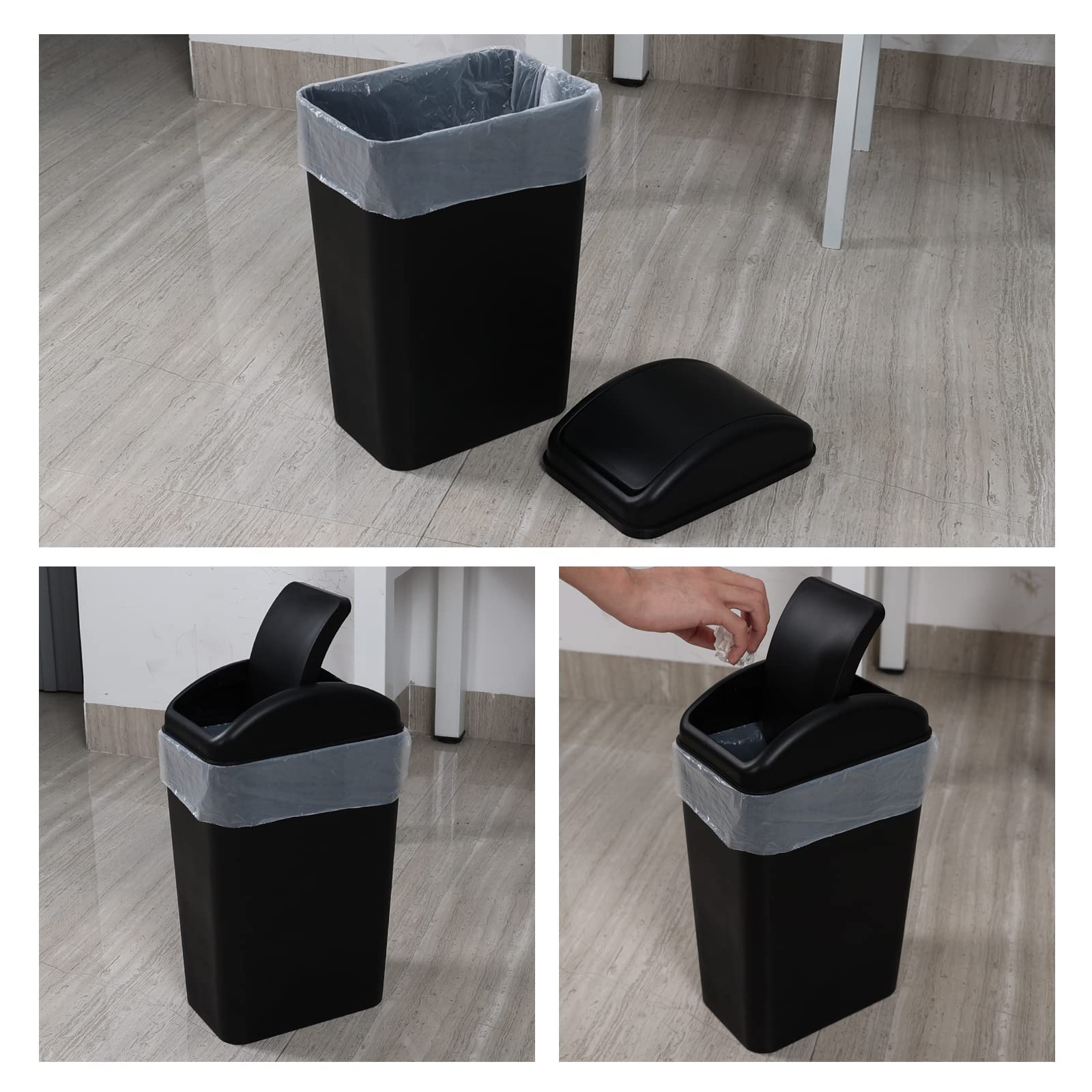 Saedy 12L Plastic Trash Can with Swing Lid - 2 Pack Small Garbage Bin for Bathroom, Kitchen, Office & Bedroom - Odor-Proof & Space-Saving Design (Black)