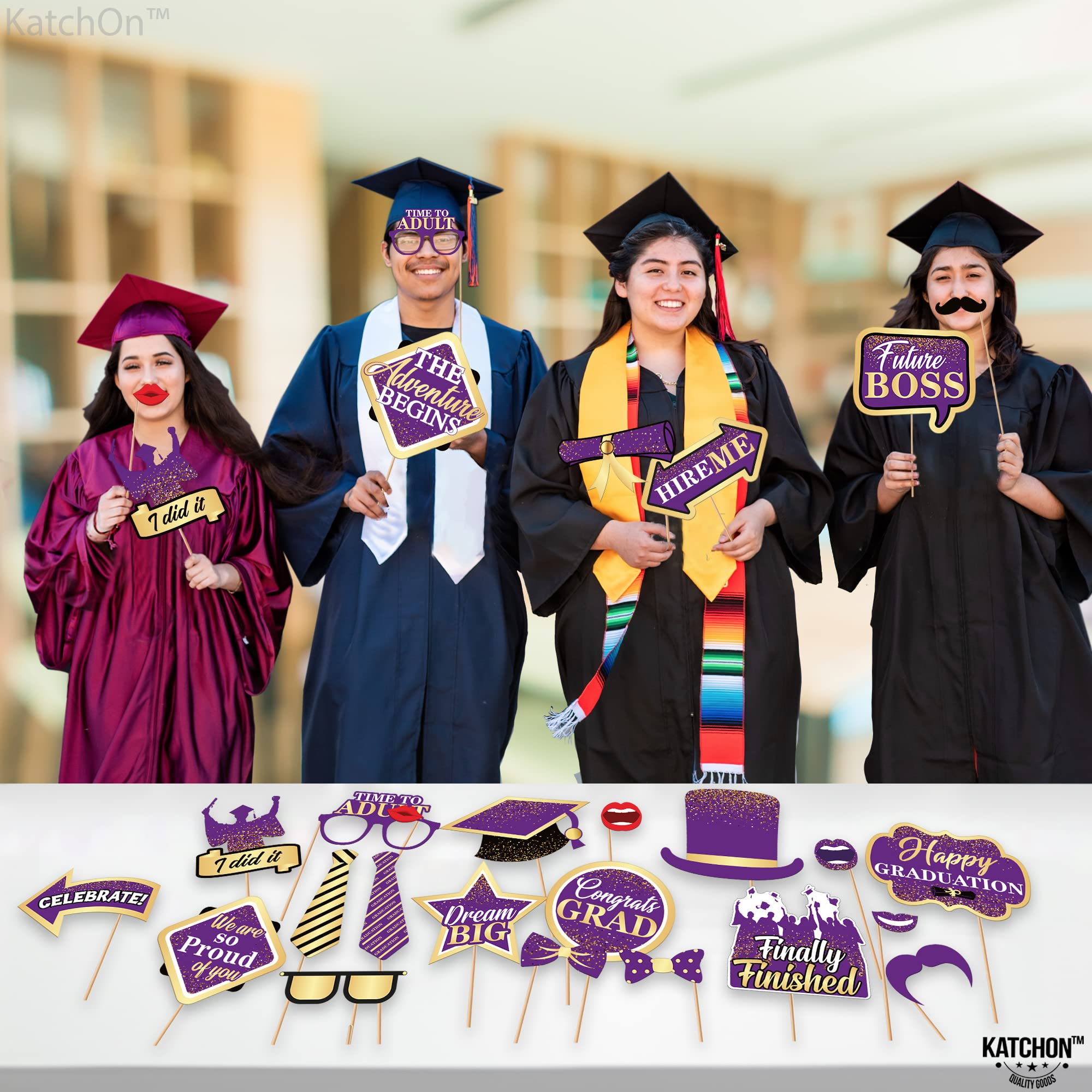 2025 Graduation Photo Booth Props - 33-Piece Purple & Gold Grad Photo Shoot Decorations | Class of 2025 Party Supplies for Graduation Ceremony, Senior Pictures & Celebration Backdrops