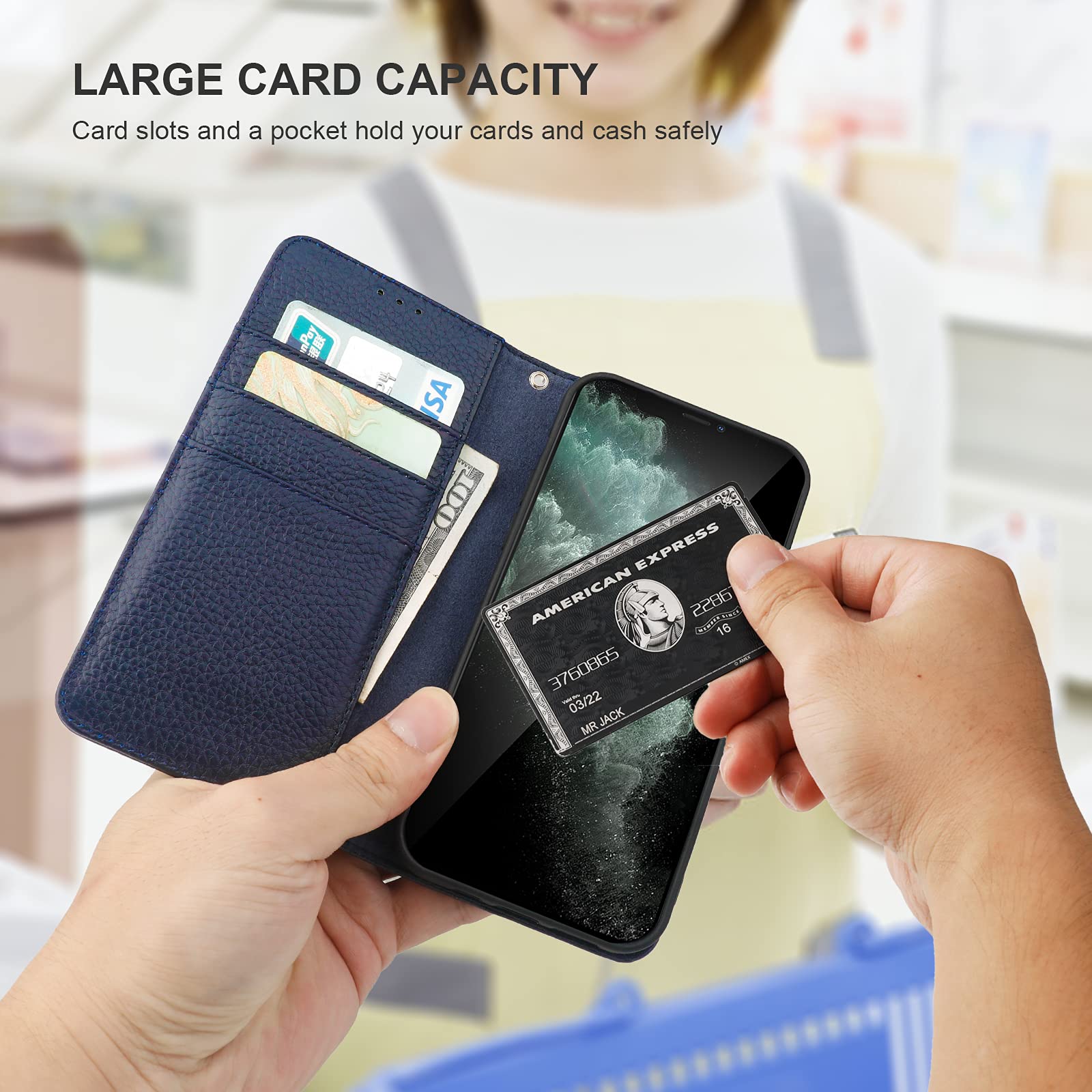 Genuine Leather Wallet Case for iPhone 11 - RFID Blocking, Wireless Charging Compatible, Credit Card Holder with Kickstand & Wrist Strap - 6.1 Inch Dark Blue Folio Cover - Perfect for Daily Use, Travel & Business Protection